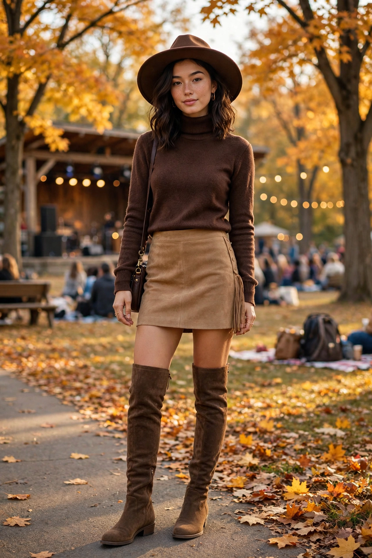 Woman wearing an oversized blazer with biker shorts and knee-high boots at a concert