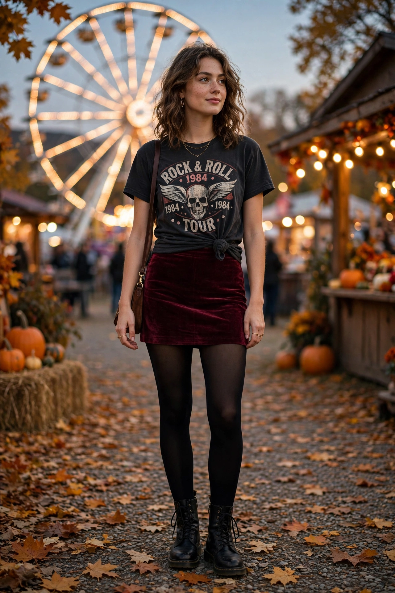 Woman in a flannel shirt tied at the waist with a satin slip skirt and ankle boots