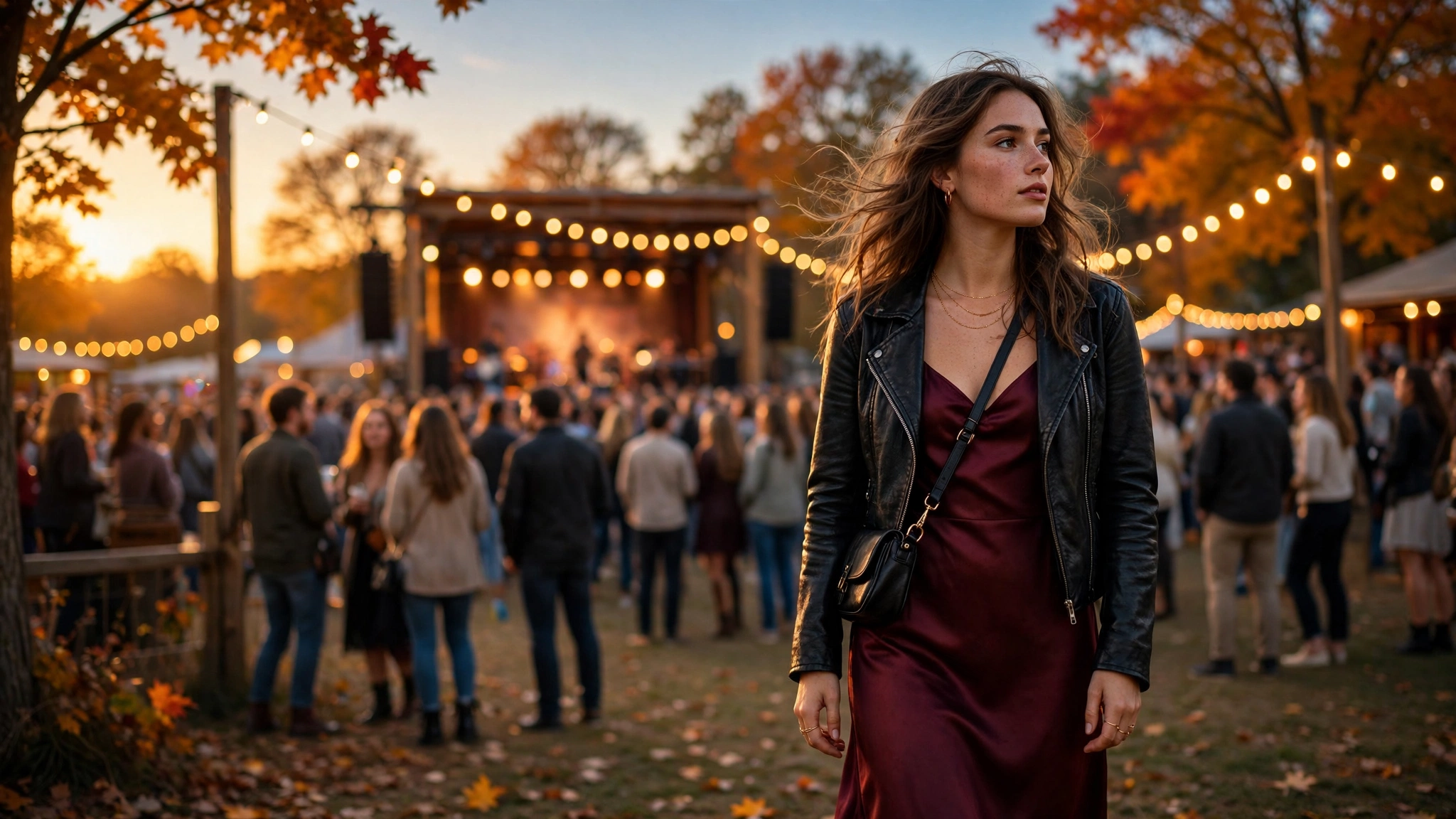 Woman in an edgy fall concert outfit with leather jacket at an outdoor autumn music festival