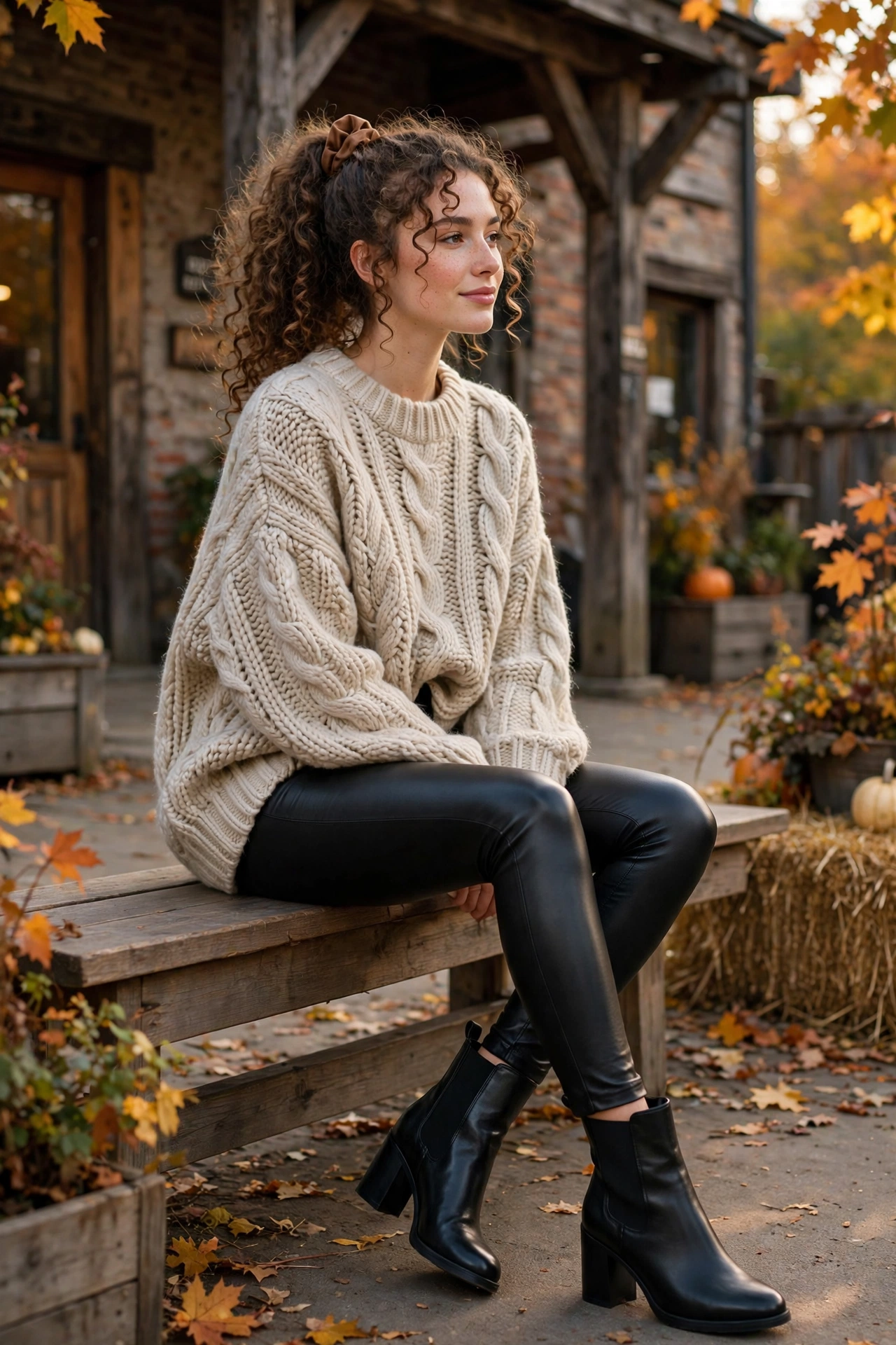 Faux leather pants with chunky knit sweater, cozy fall date night outfit