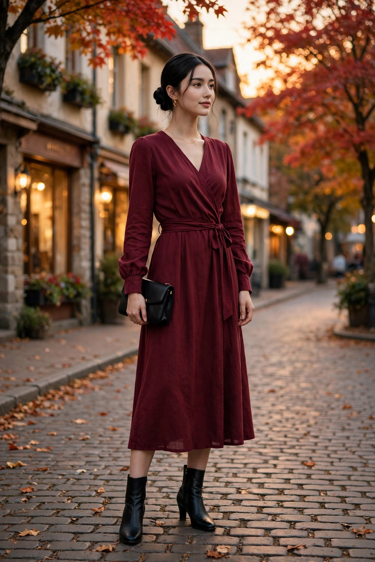 Burgundy midi dress with heeled ankle boots for a romantic fall date night