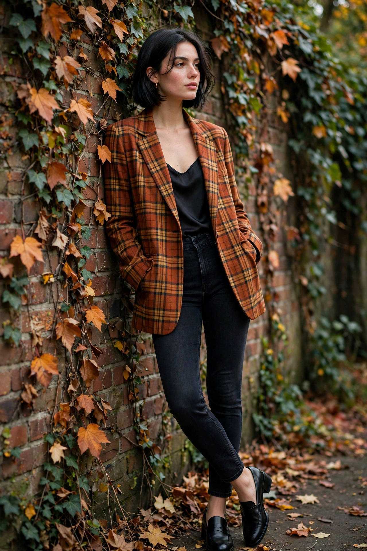 Plaid blazer with black satin camisole, stylish fall date night outfit