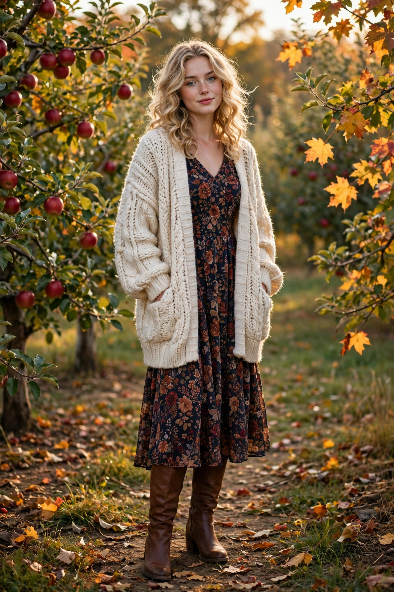 Chunky cardigan with floral midi skirt, sweet fall date night outfits for women