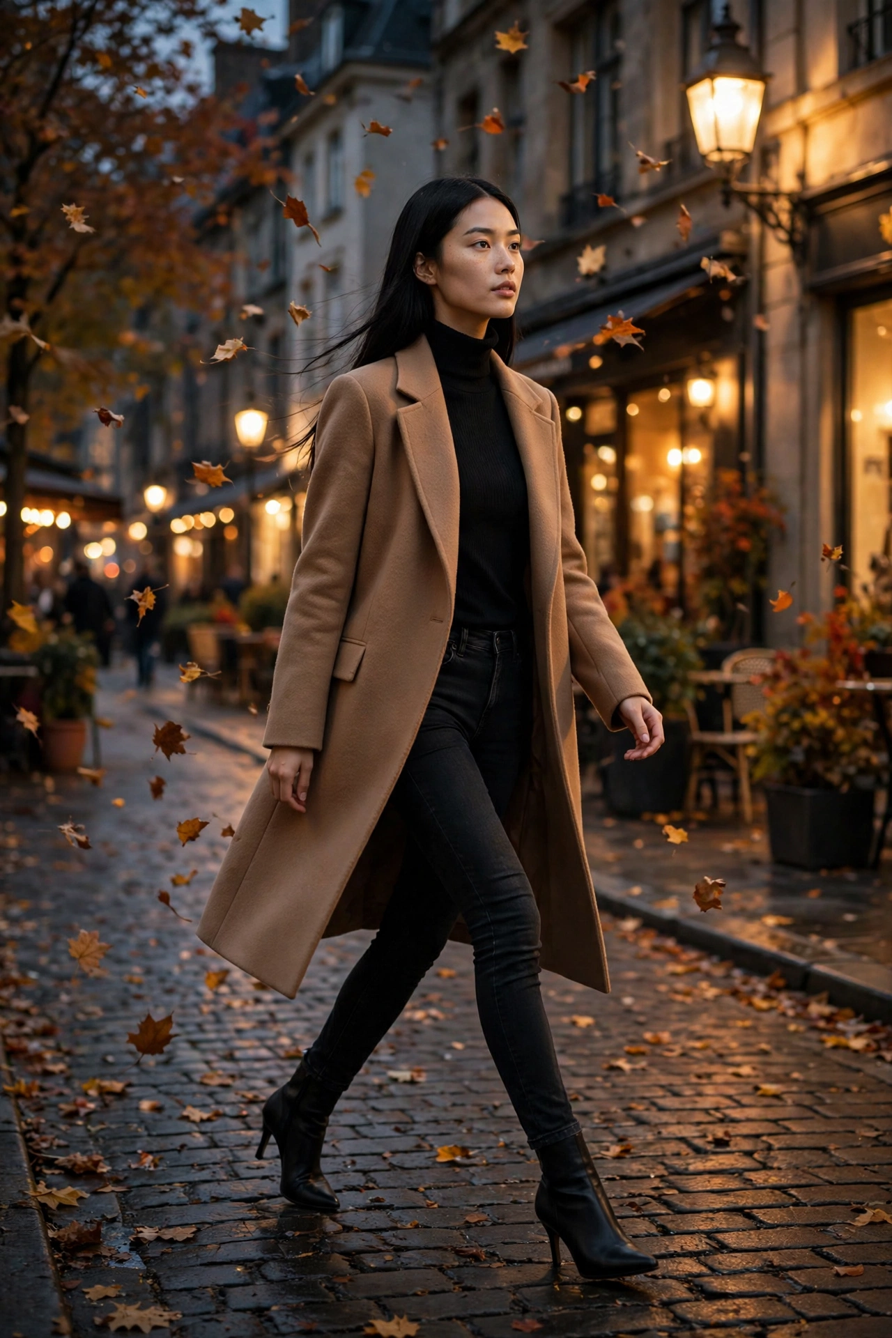 Camel coat over all-black outfit, elegant fall date night look