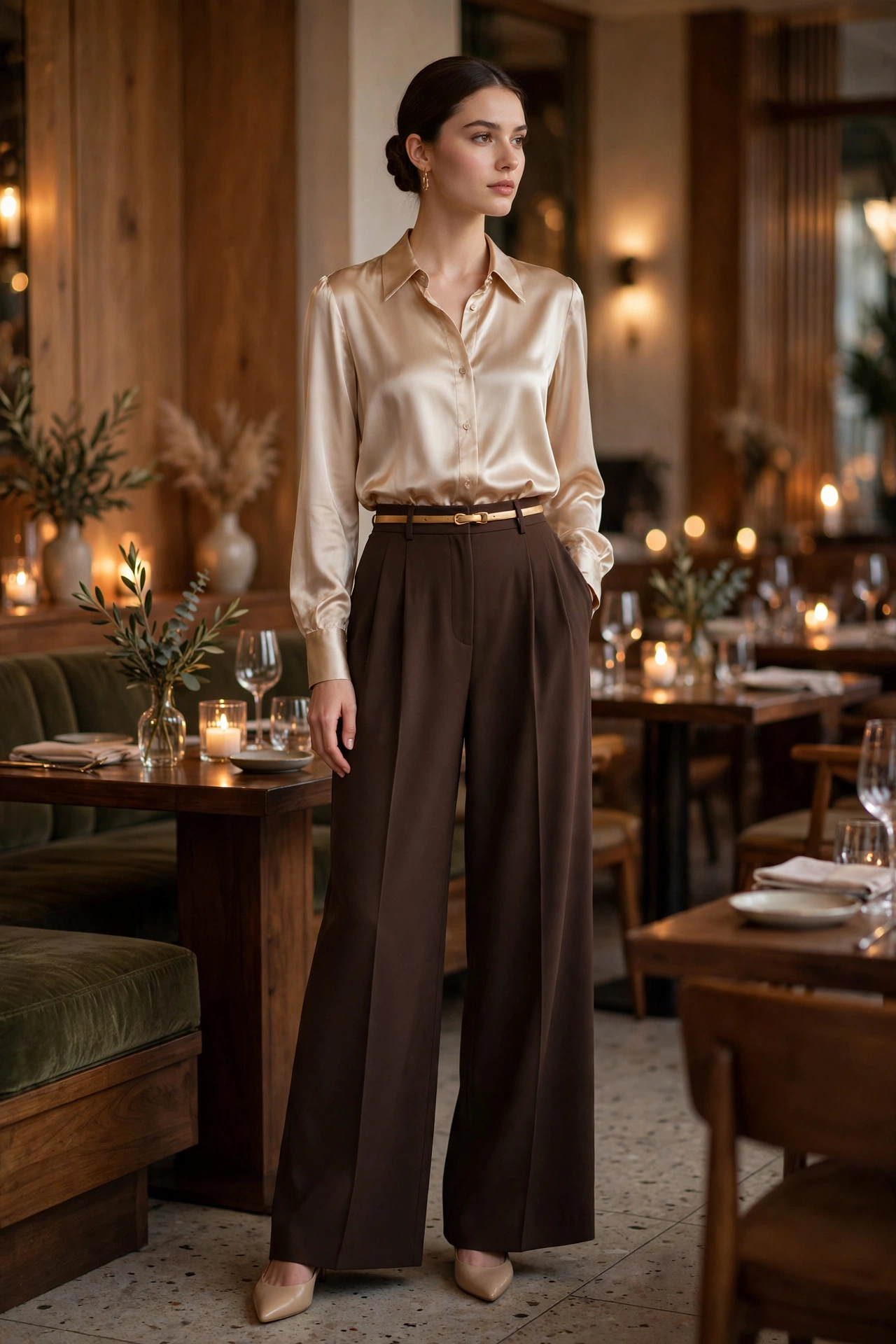 Silk blouse with wide-leg trousers, sophisticated fall date night outfit