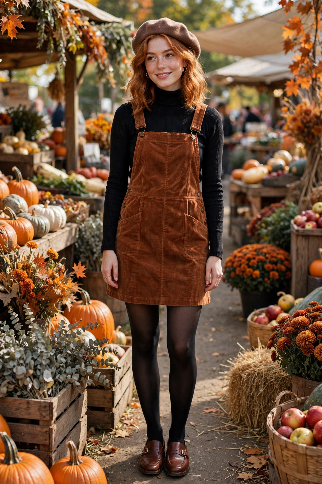 Corduroy pinafore dress with turtleneck, cute fall date night outfits for women