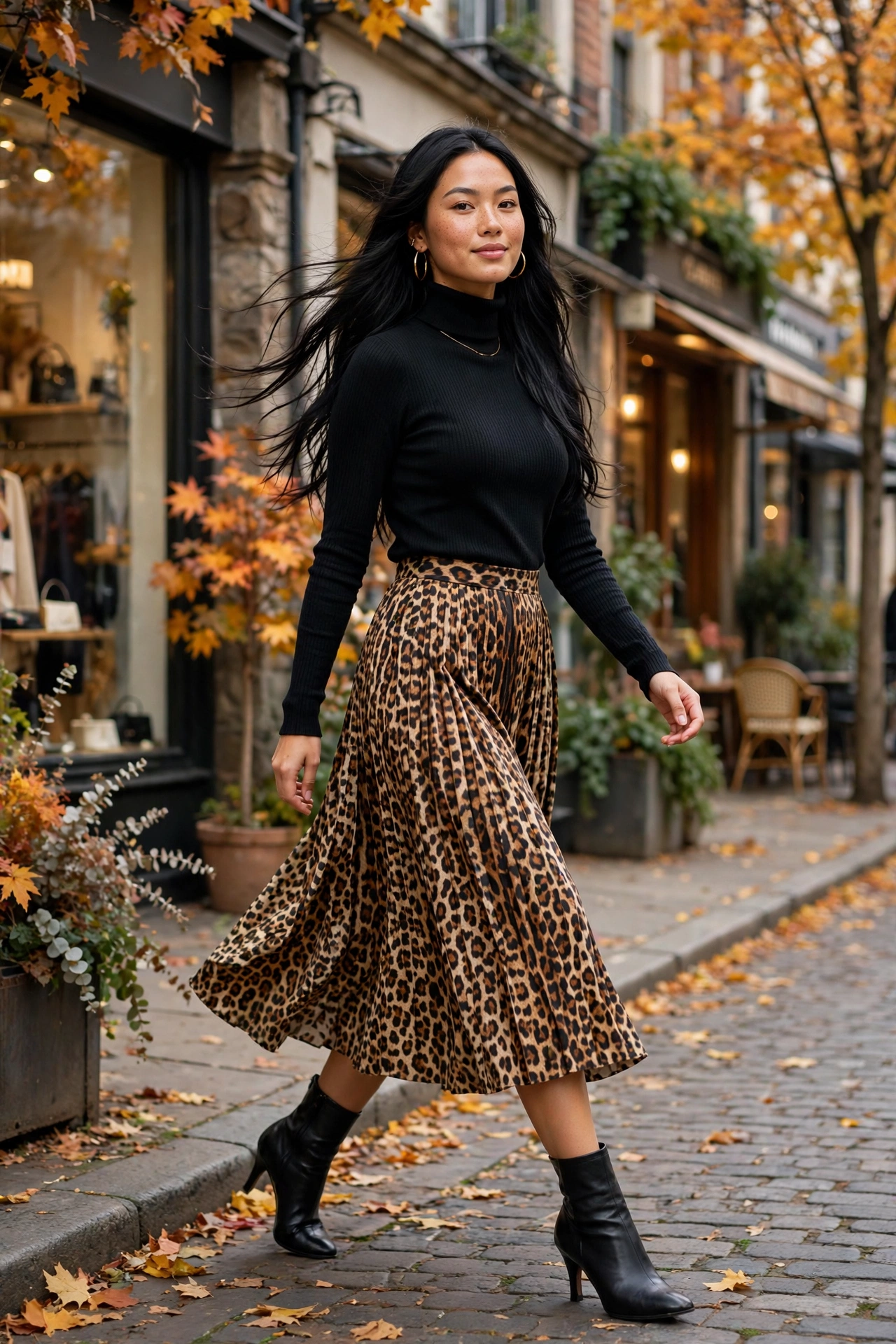 Leopard print midi skirt with black turtleneck sweater, bold fall date night outfit