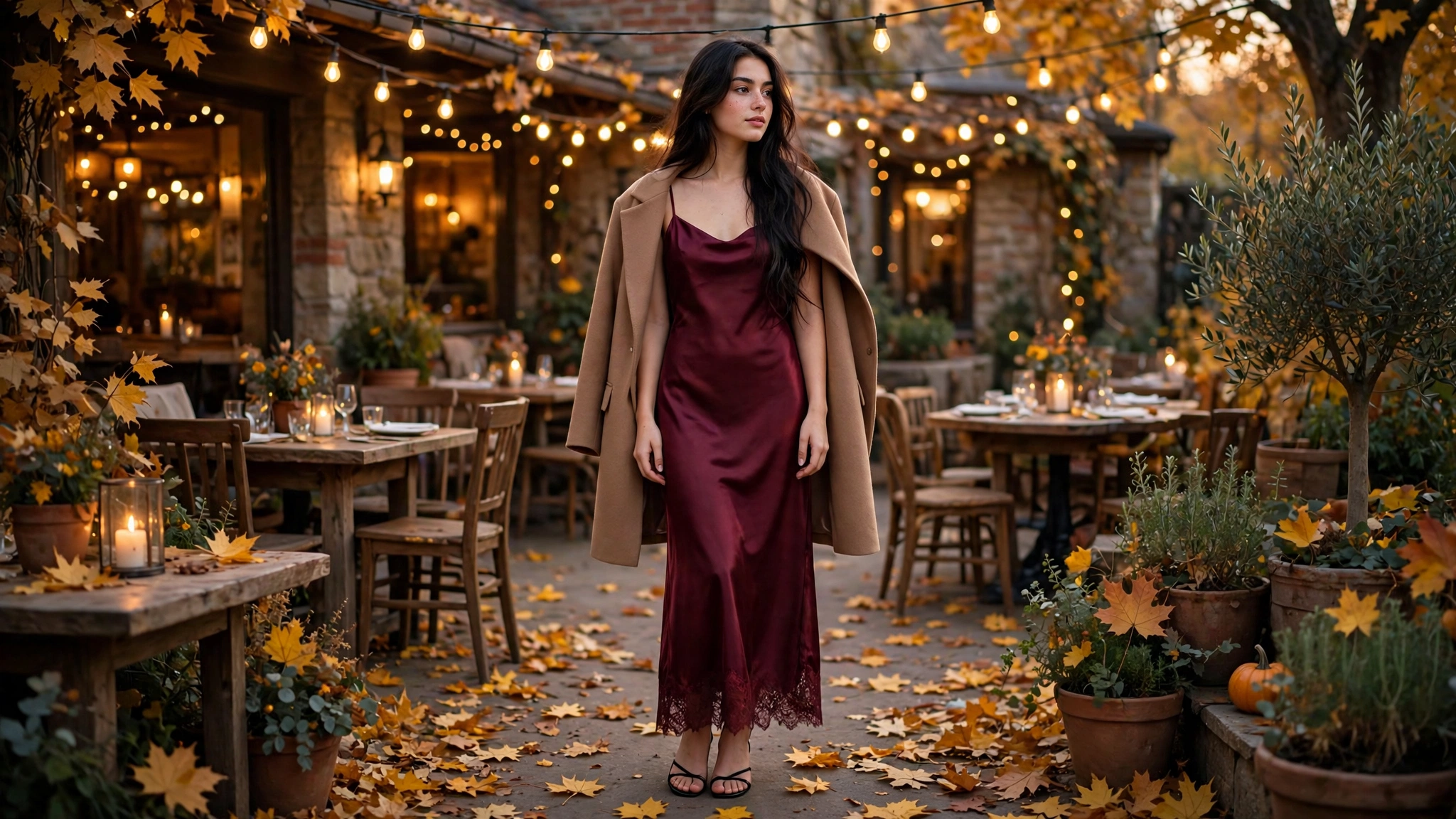 Woman in a romantic fall date night outfit on a cozy autumn evening