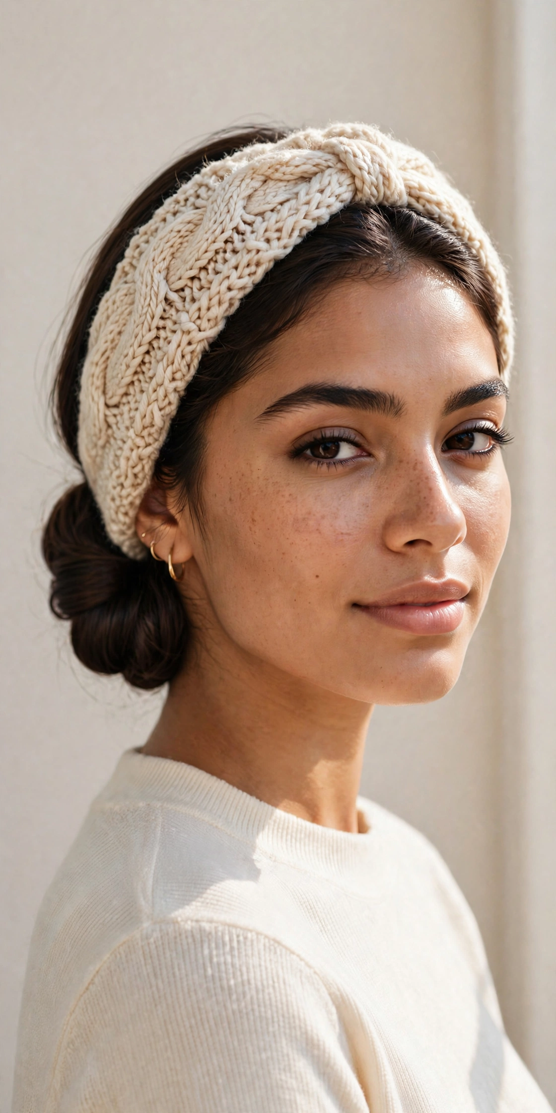 Woman with a cozy knit headband tuck, one of the cutest fall hairstyles for women