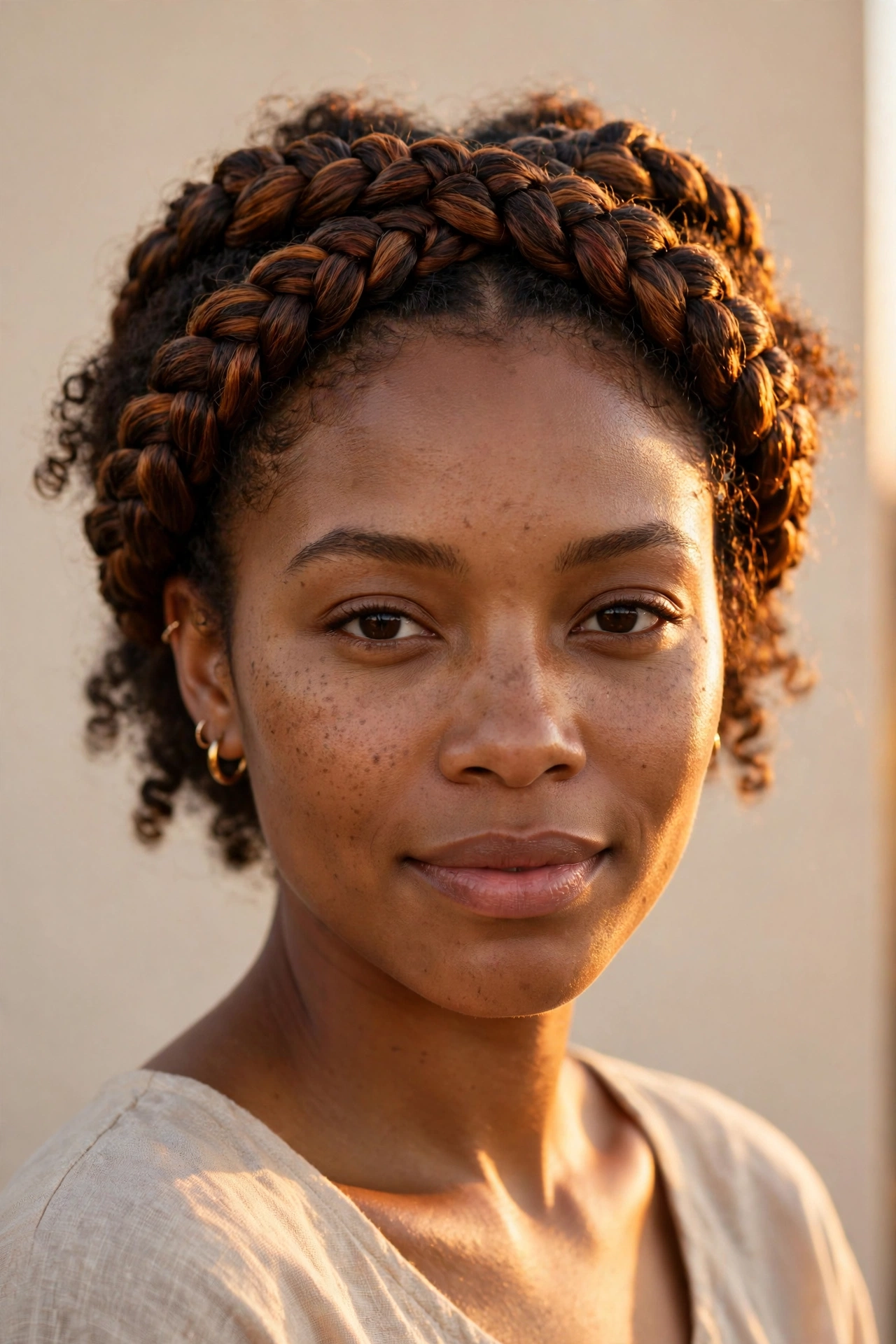 Woman with autumn milkmaid braids, one of the prettiest fall hairstyles for women