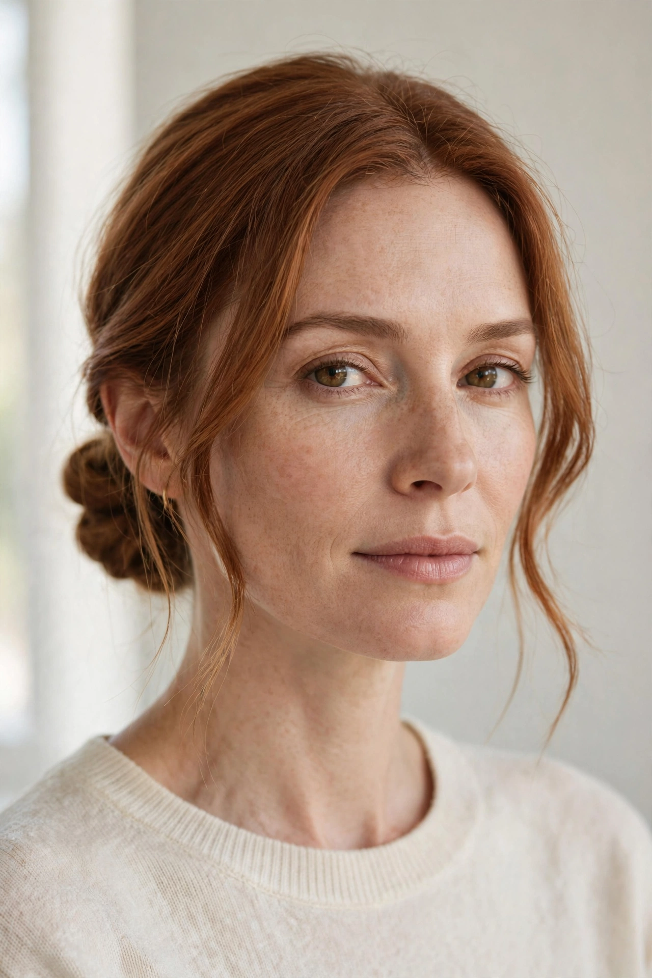 Woman with cinnamon spice low bun, one of the most elegant fall hairstyles for women