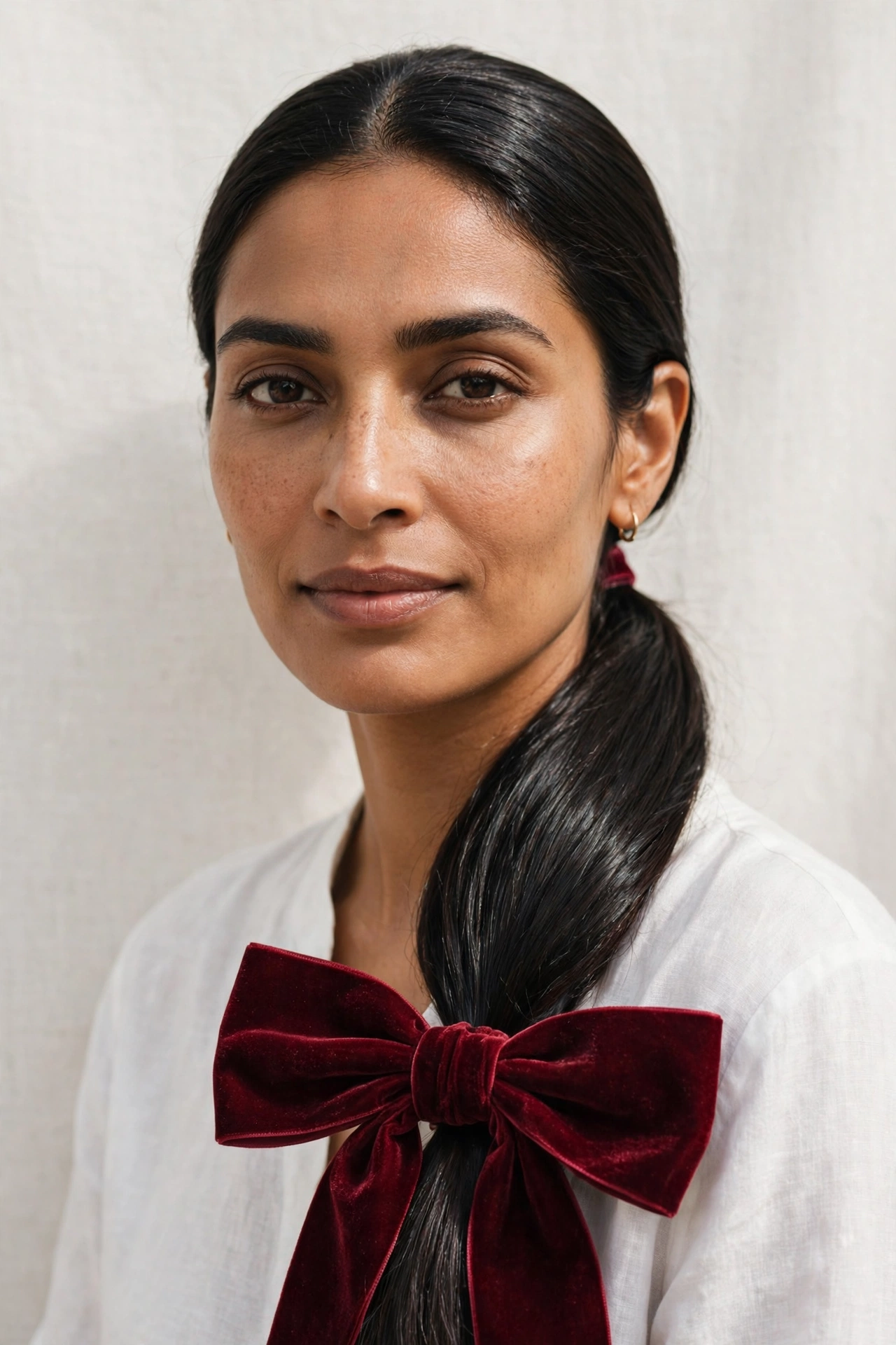 Woman with a sleek low ponytail and velvet bow, one of the chicest fall hairstyles for women