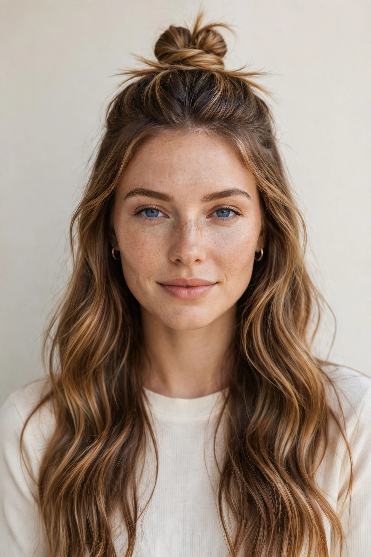 Woman with a caramel balayage half-up top knot, one of the cutest fall hairstyles for women