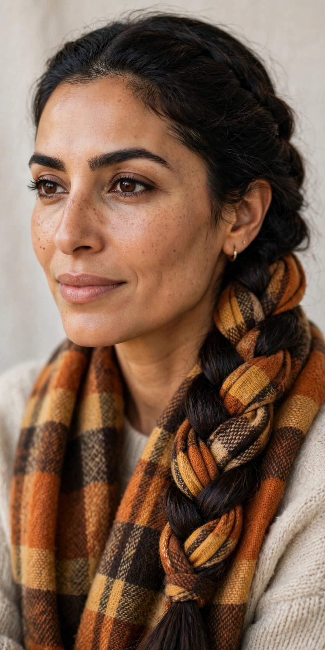 Woman with a chunky scarf-wrapped braid, one of the coziest fall hairstyles for women