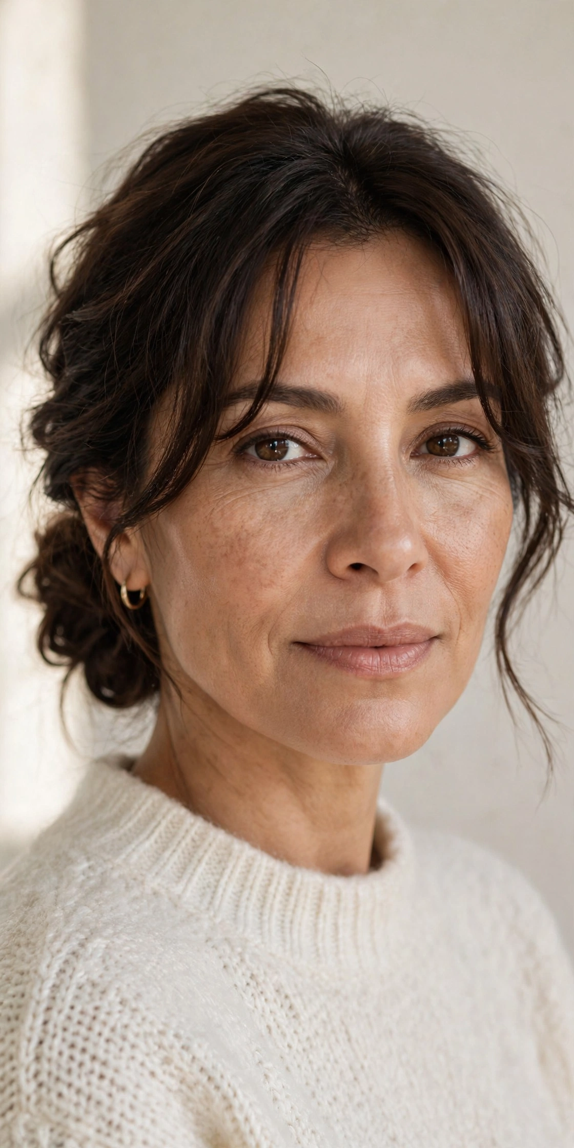 Woman with a textured low chignon and curtain bangs, one of the most sophisticated fall hairstyles for women