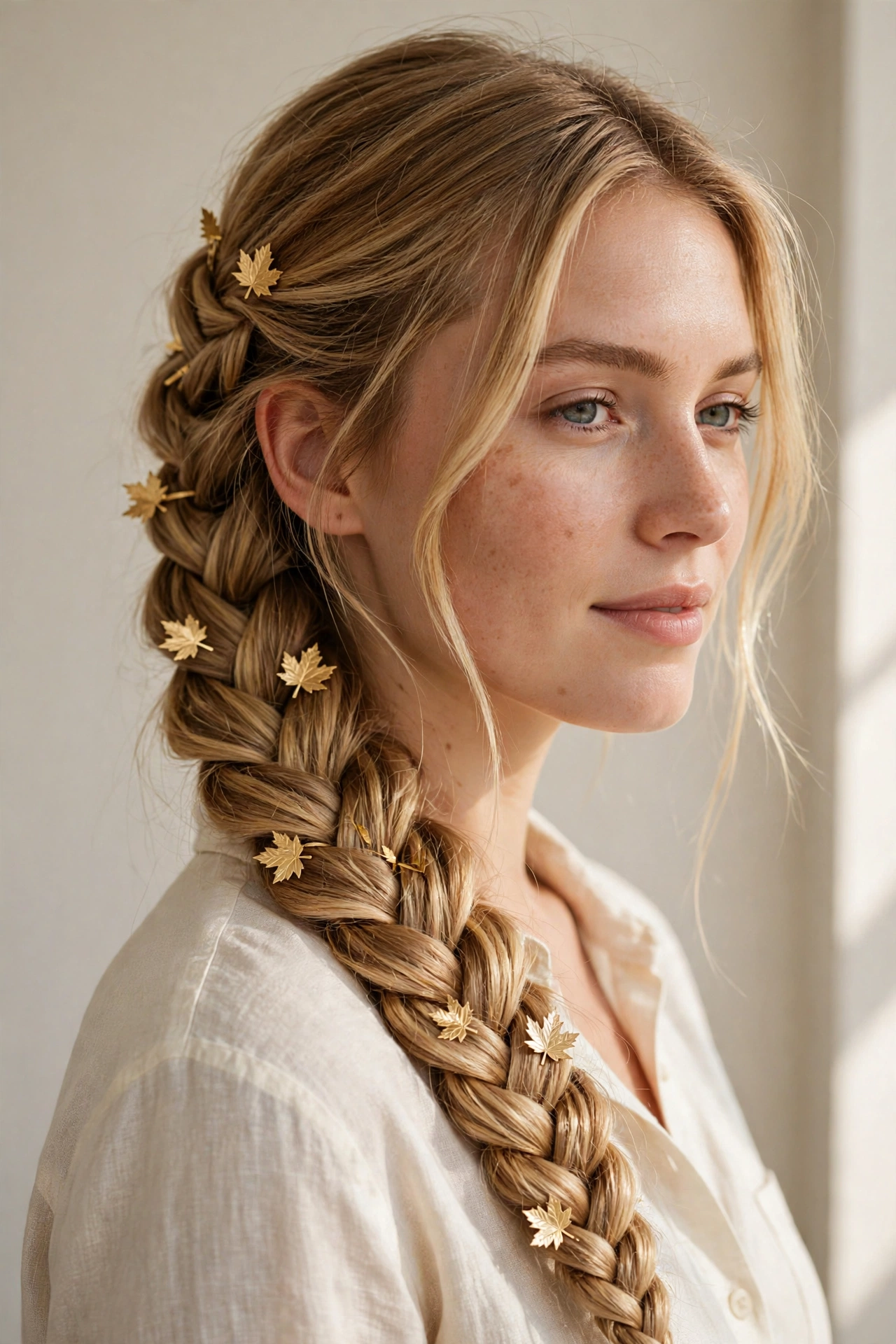 Woman with a fishtail side braid and gold leaf clips, one of the most beautiful fall hairstyles for women