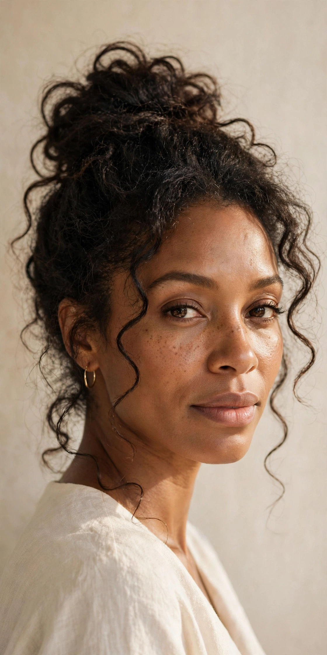 Woman with a soft romantic messy bun, one of the easiest fall hairstyles for women