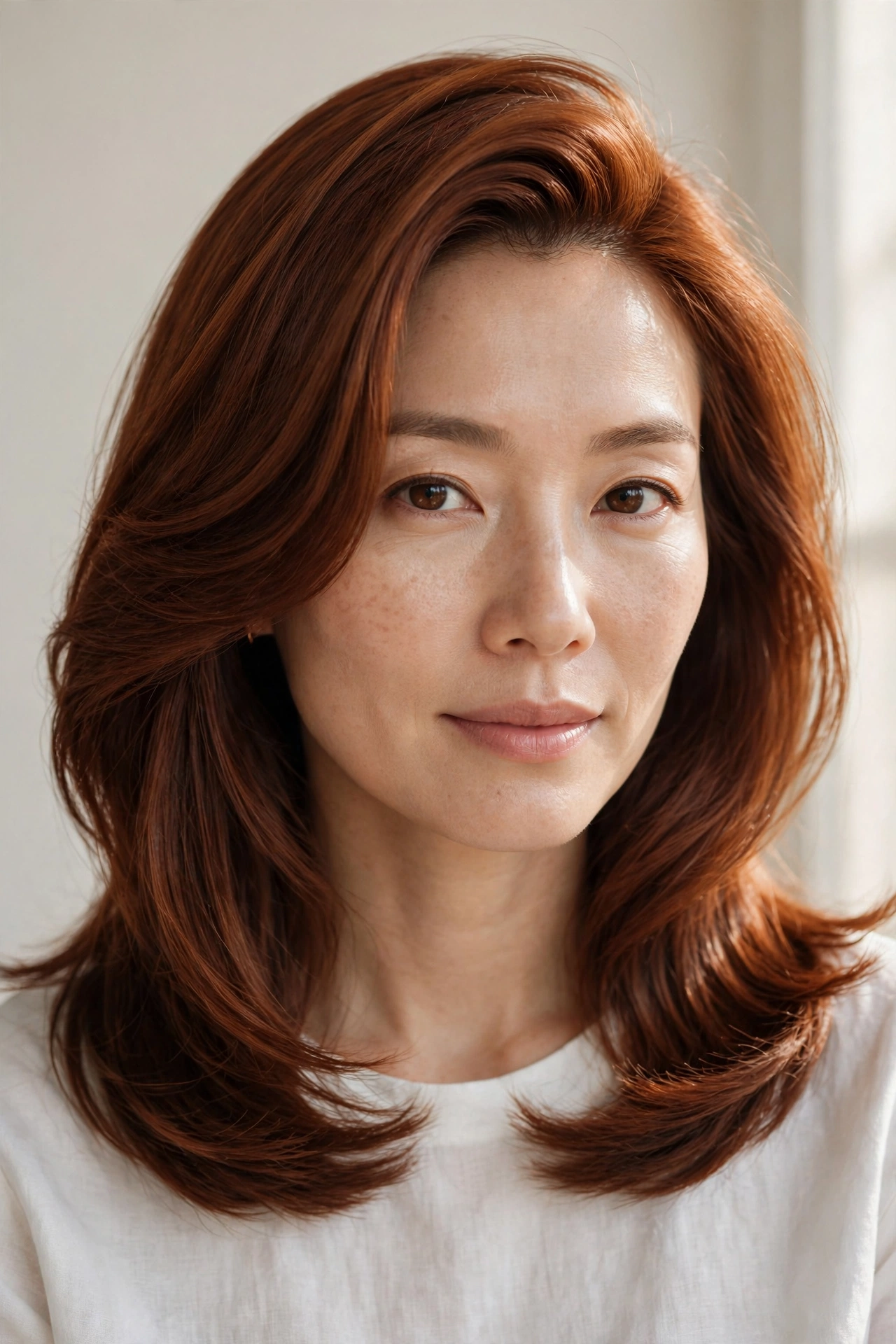 Woman with a warm auburn deep side-part blowout, one of the most glamorous fall hairstyles for women