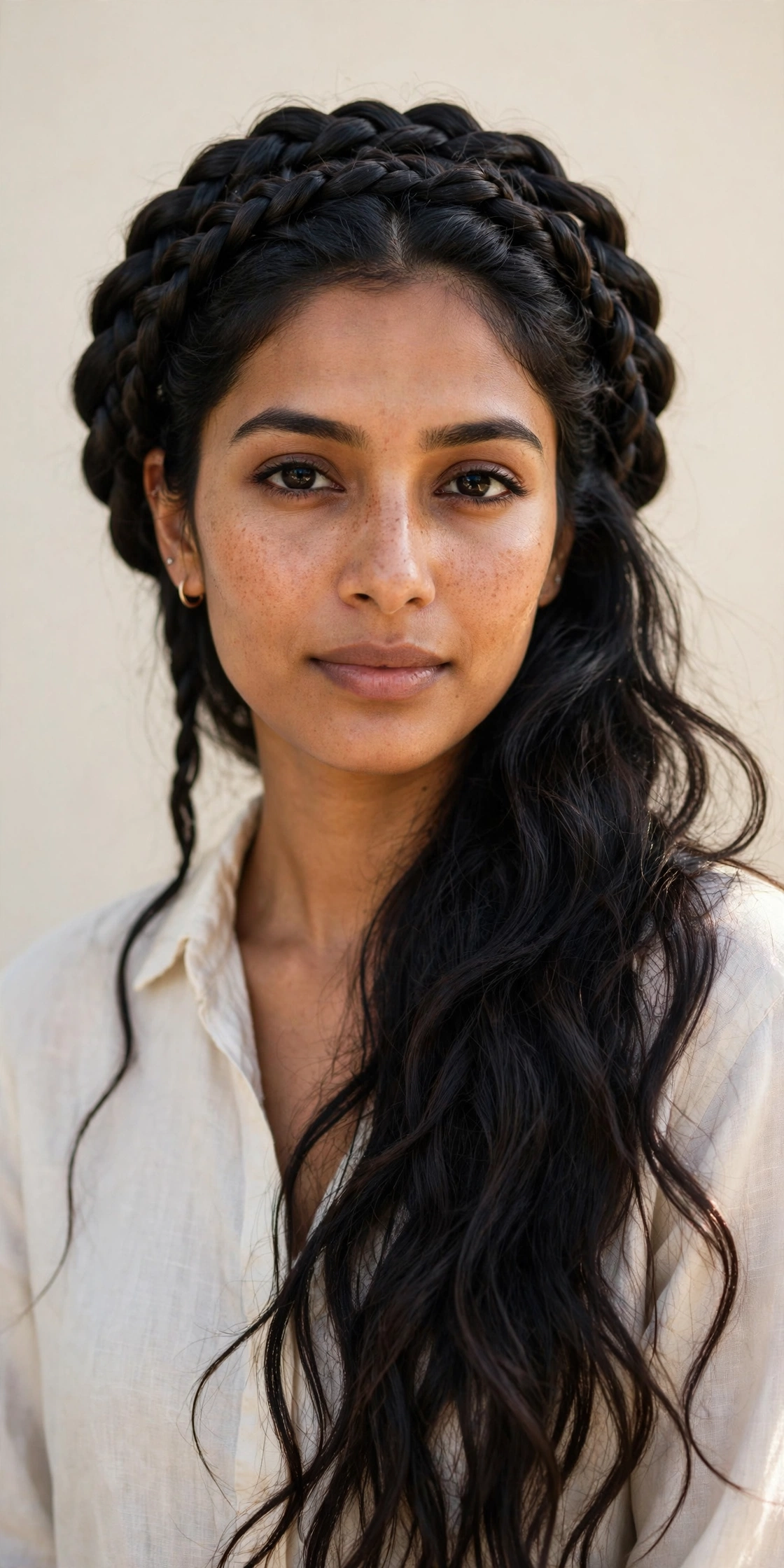 Woman with a twisted crown braid, one of the most regal fall hairstyles for women