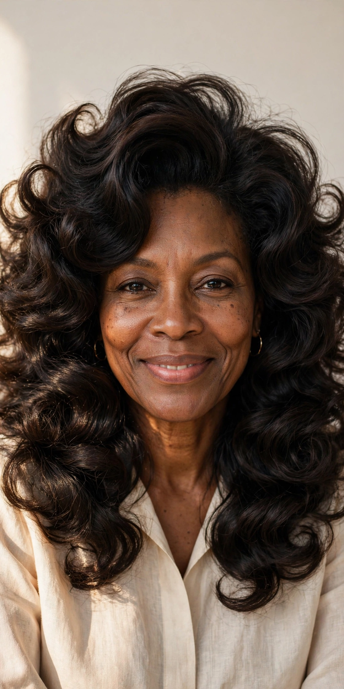 Woman with vintage-inspired voluminous curls, one of the most striking fall hairstyles for women