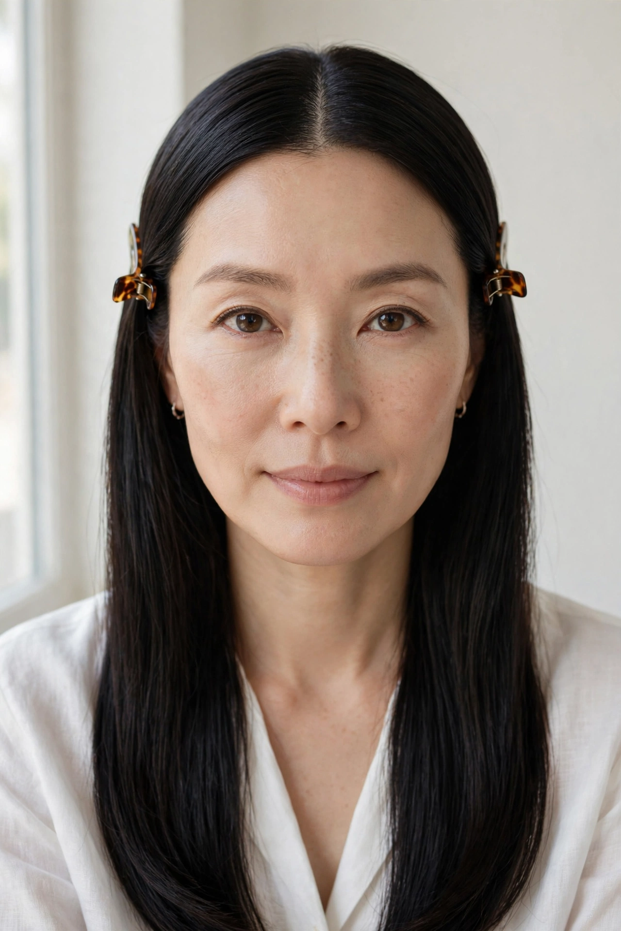 Woman with sleek center-part hair and tortoiseshell clips, one of the most polished fall hairstyles for women