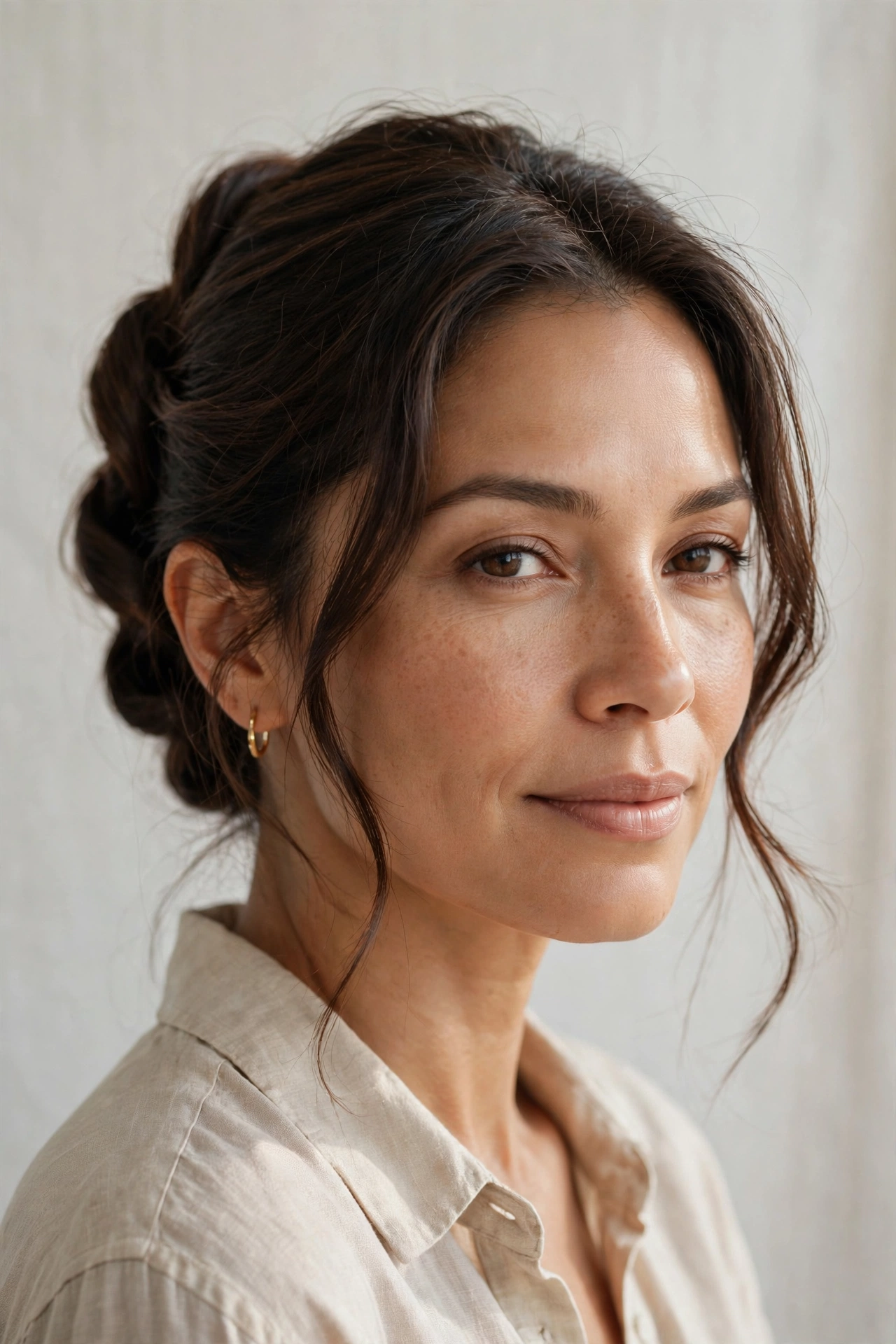 Woman with an effortless French twist, one of the most timeless fall hairstyles for women