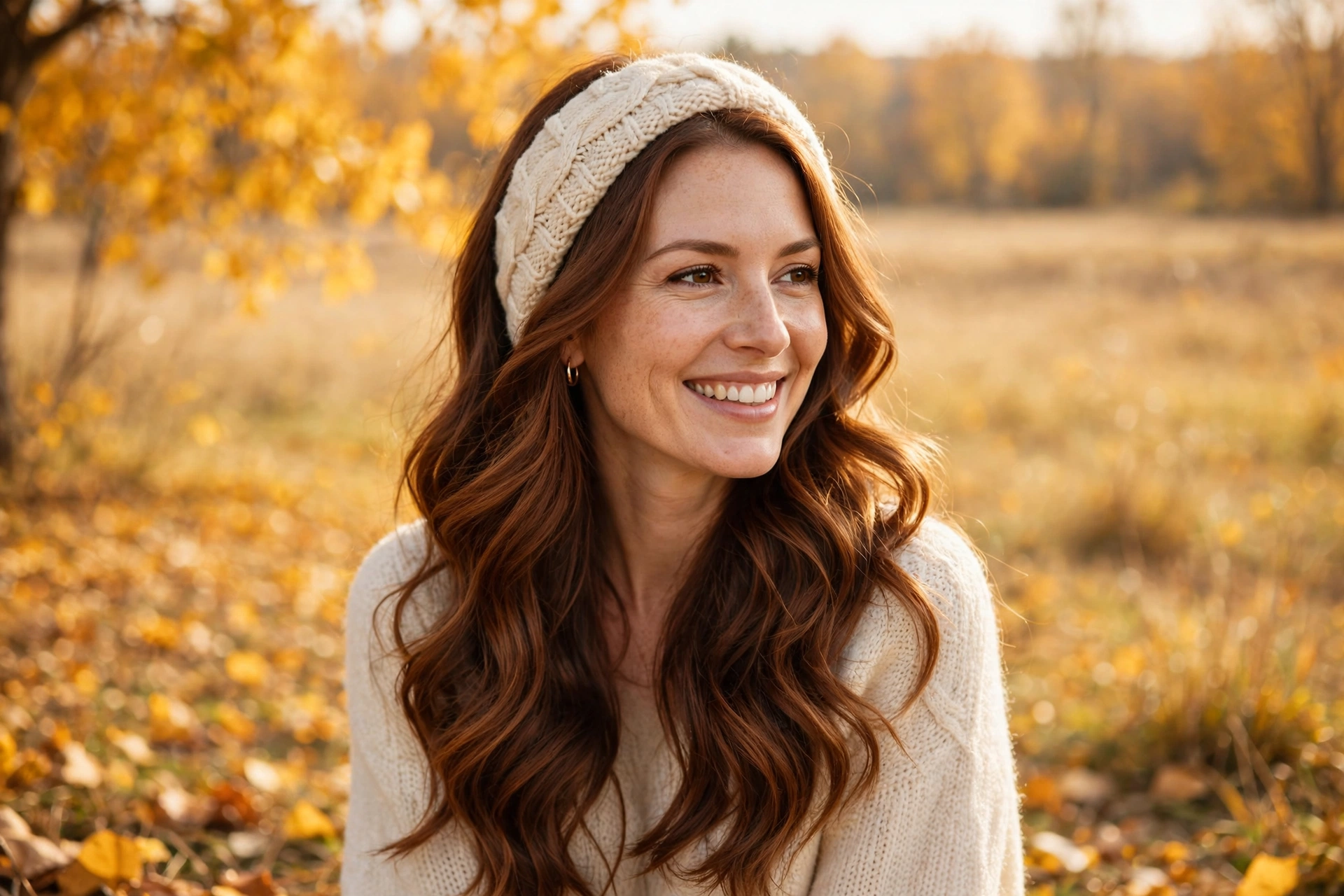 Woman with soft fall waves and a cozy knit headband, one of the best fall hairstyles for women