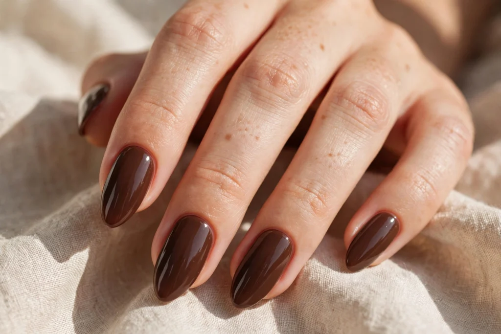 Glossy chocolate brown fall nail designs on almond-shaped nails