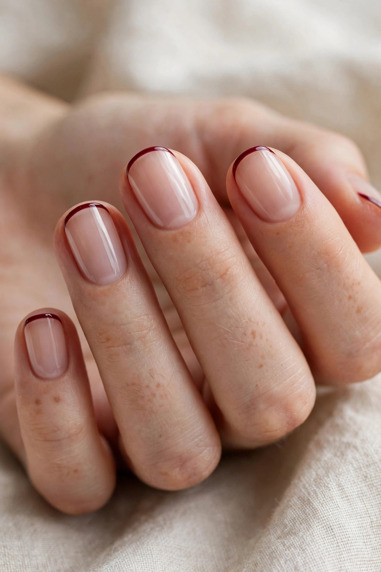 Burgundy micro French tip fall nail designs on a sheer nude base