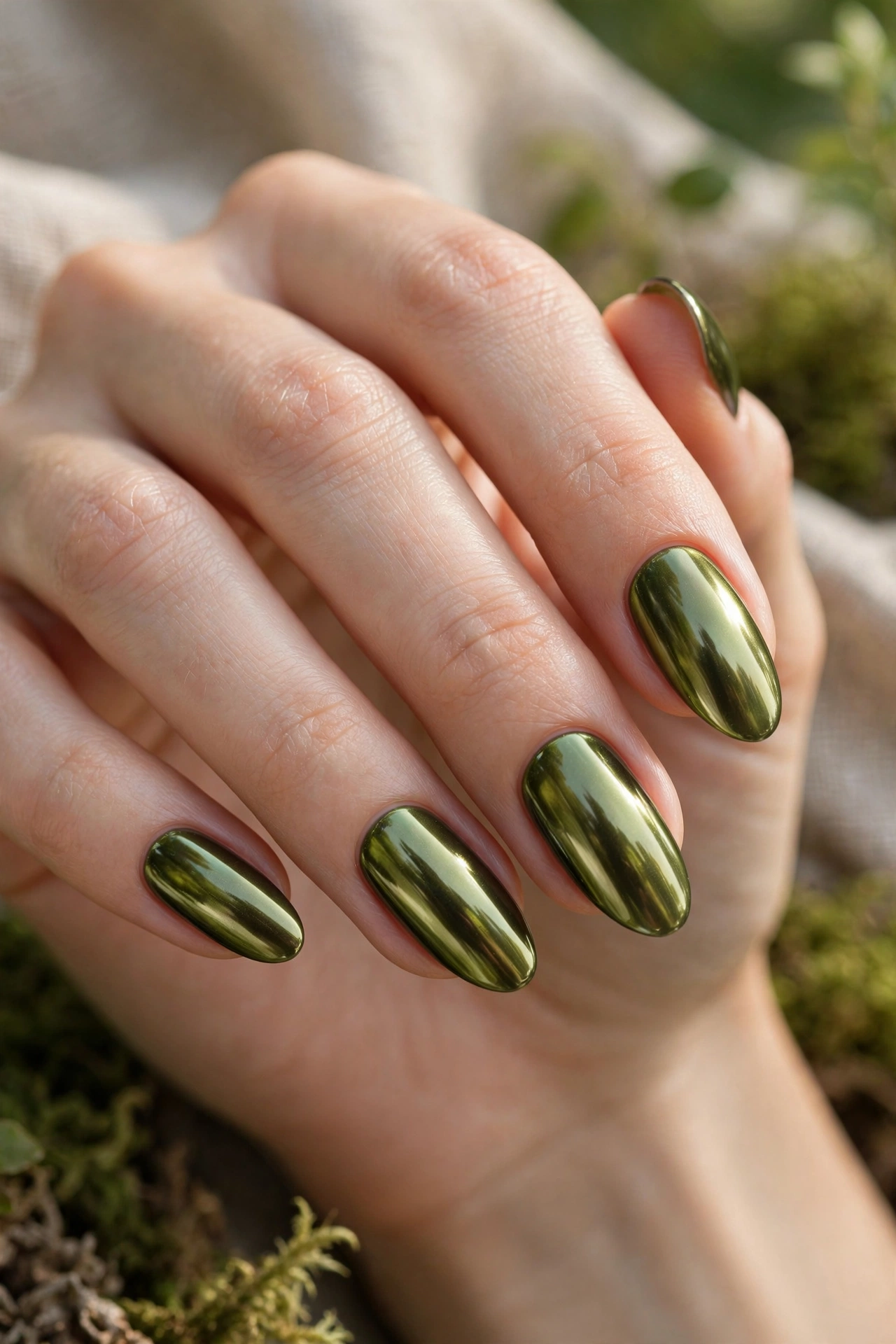 Olive green chrome fall nail designs with a mirror-like reflective finish
