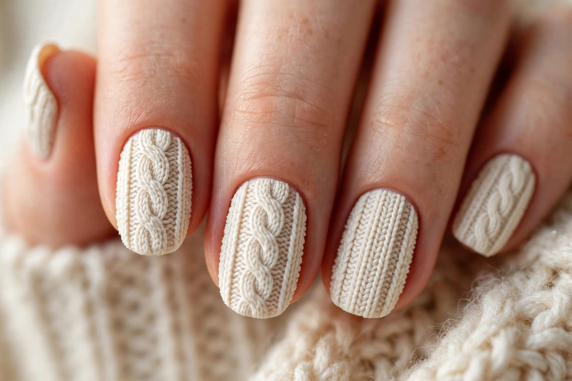 Cosy sweater knit textured fall nail designs in cream with cable pattern