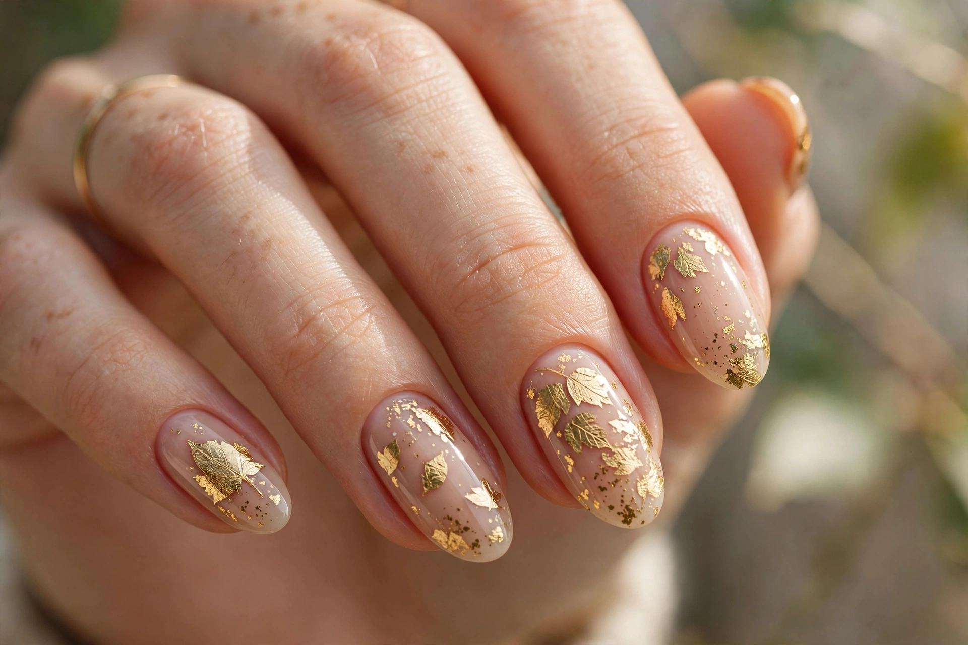 Golden foil fall nail designs with metallic flecks on a nude base