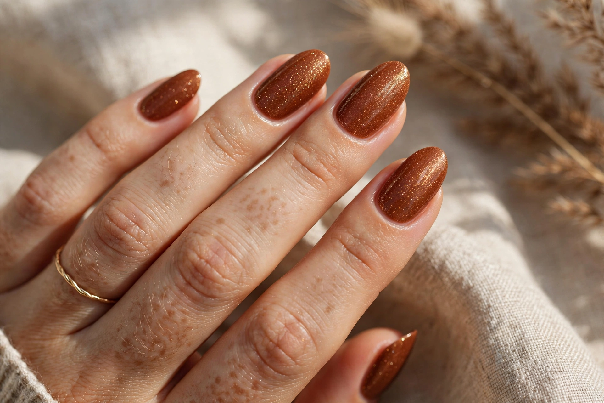 Cinnamon shimmer fall nail designs with fine golden sparkle