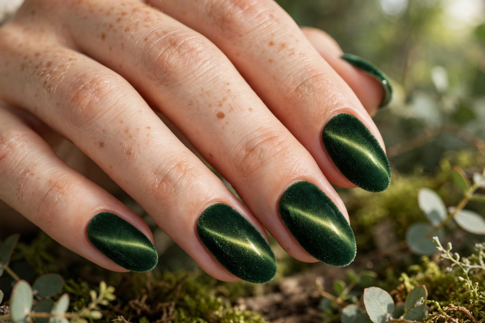 Forest green velvet fall nail designs with a magnetic cat-eye glow