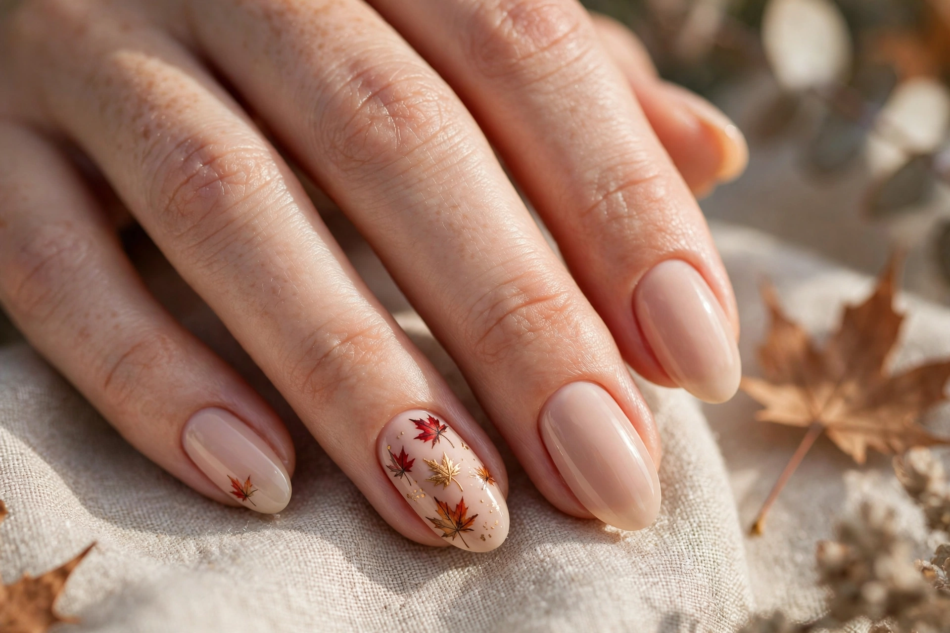 Maple leaf accent fall nail designs hand-painted in autumn colours