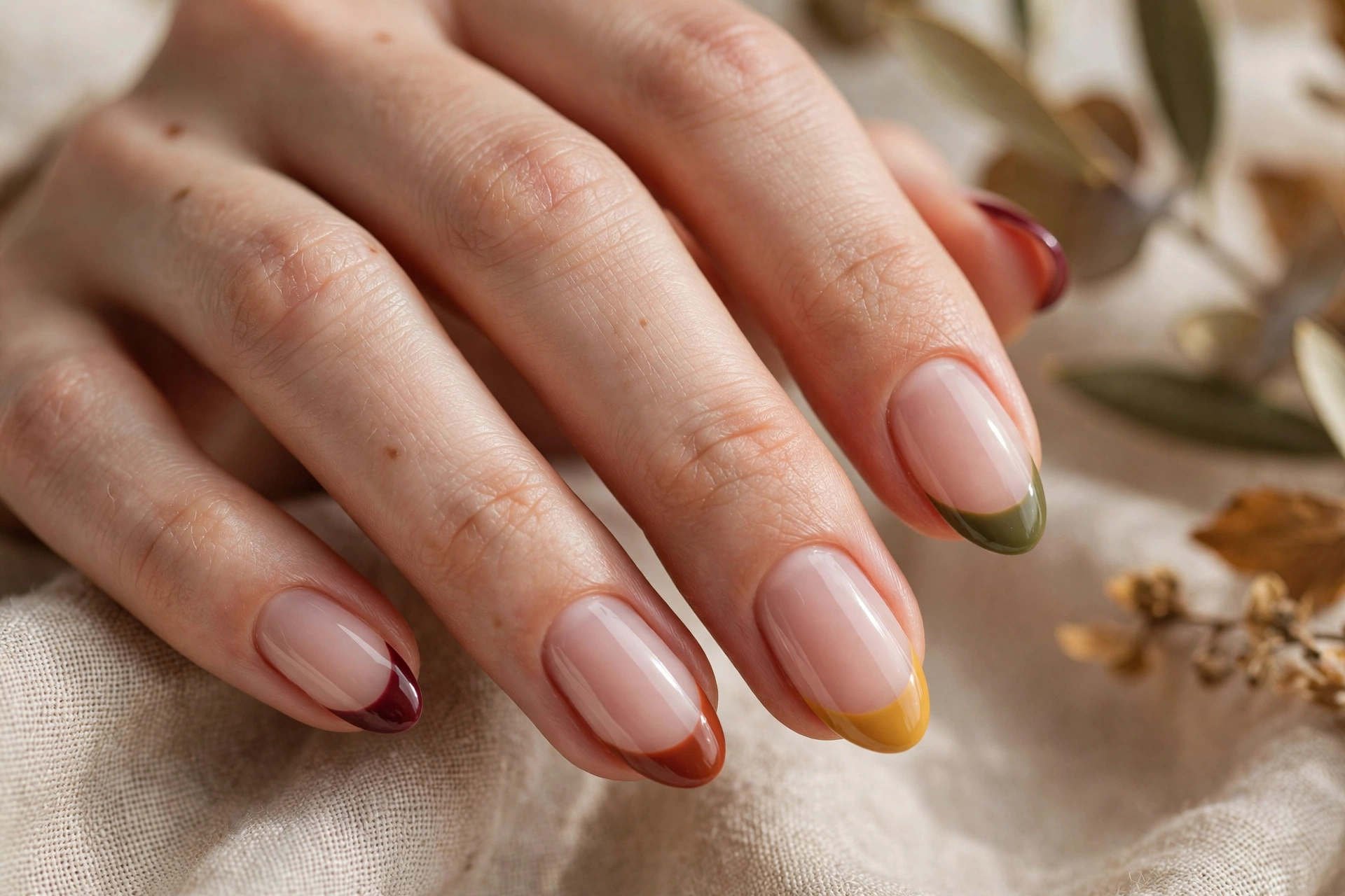 Nude base fall nail designs with colourful autumn French tips