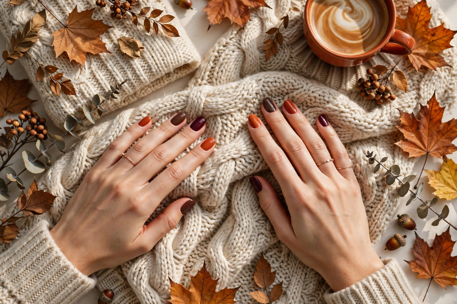 Trendy fall nail designs for autumn in warm chocolate, burgundy and burnt orange shades