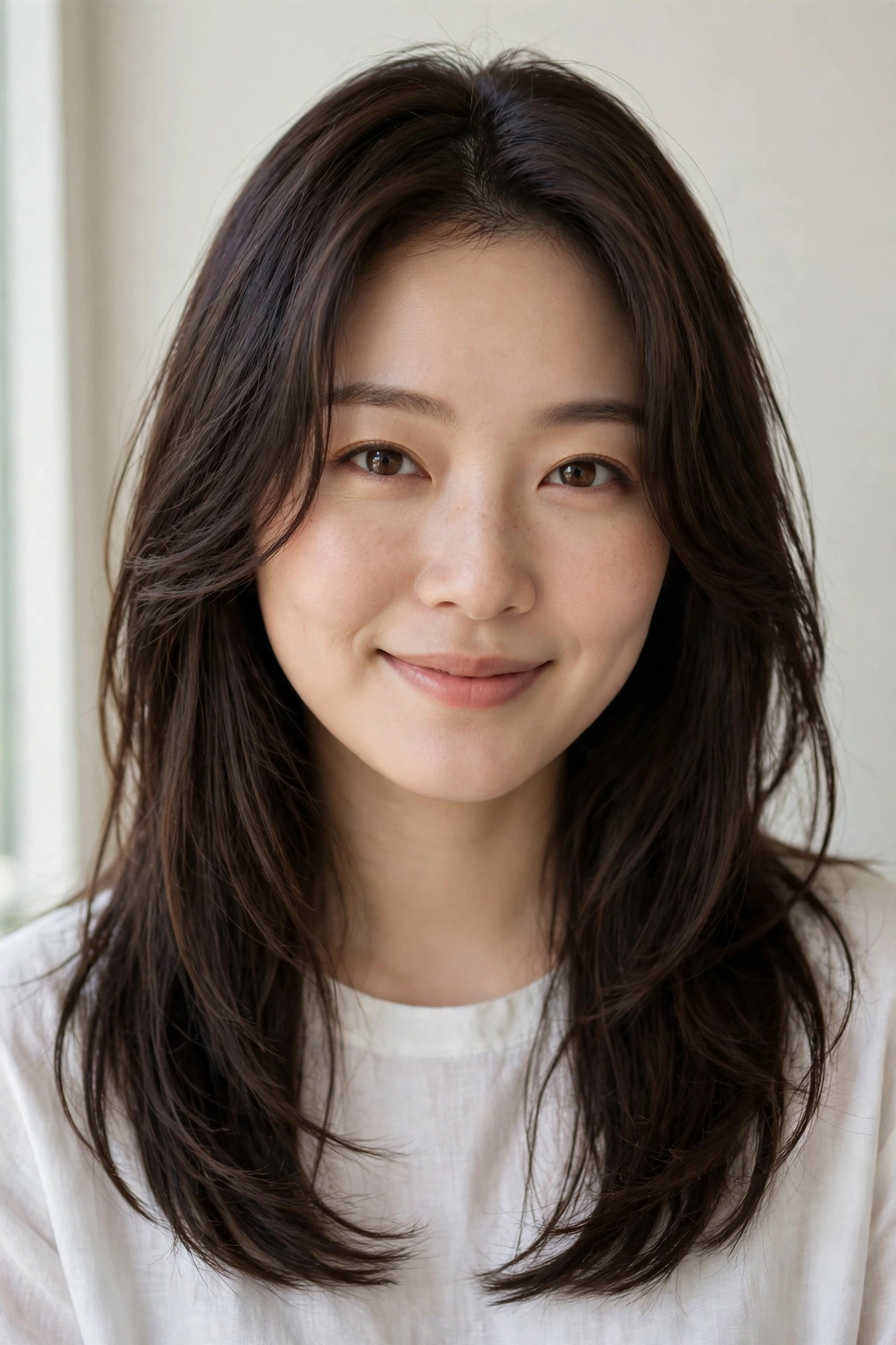 East Asian woman with long face-framing layers, one of the best hairstyles for round faces