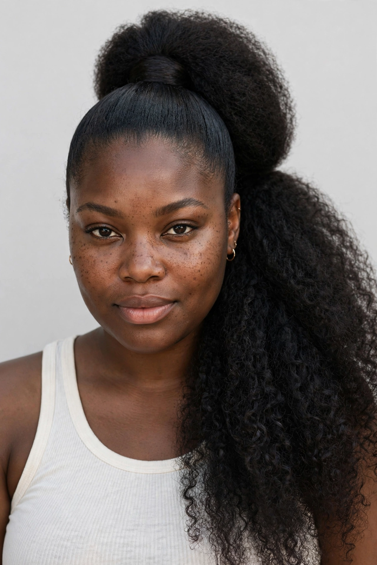 Black woman with a high voluminous ponytail, a flattering hairstyle for round faces