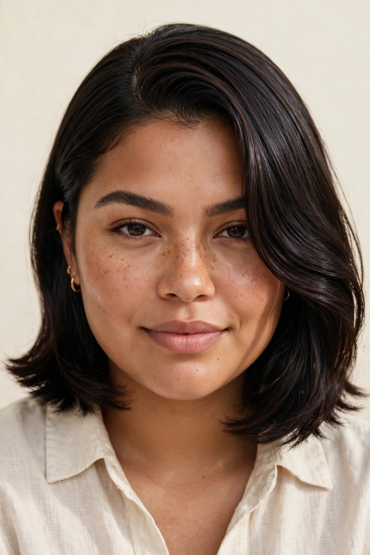 Latina woman with a deep side-part lob, a slimming hairstyle for round faces