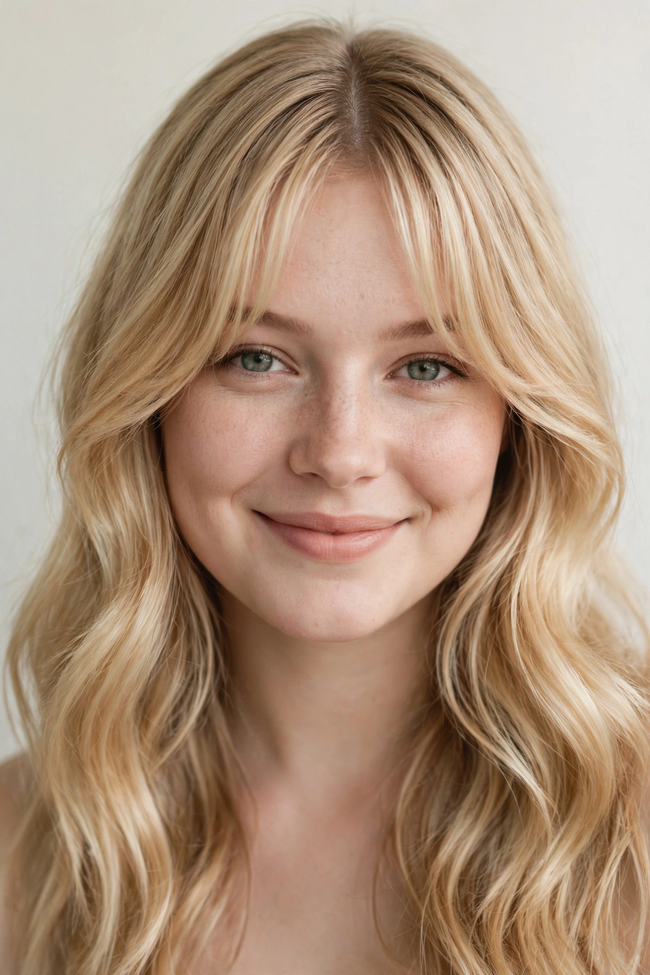 Blonde woman with curtain bangs and soft waves, a flattering hairstyle for round faces