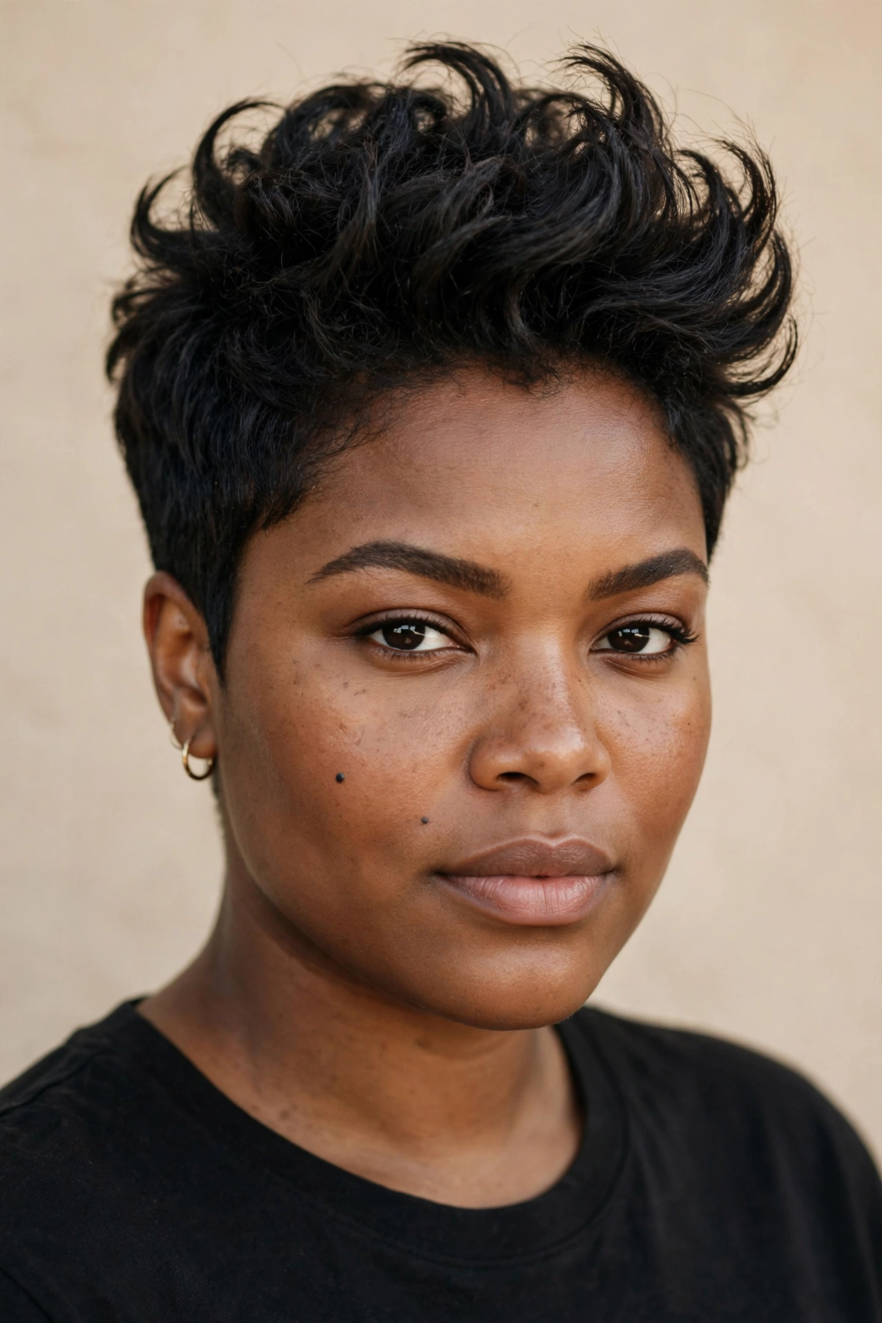 Black woman with a textured pixie with height on top, a bold hairstyle for round faces