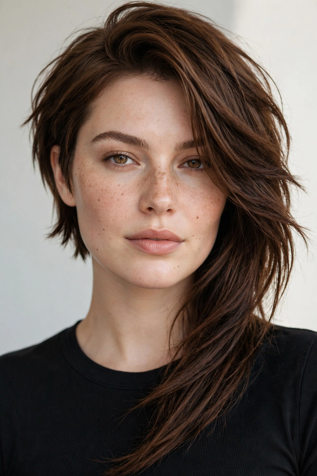 Woman with an asymmetric bob haircut, an edgy hairstyle for round faces