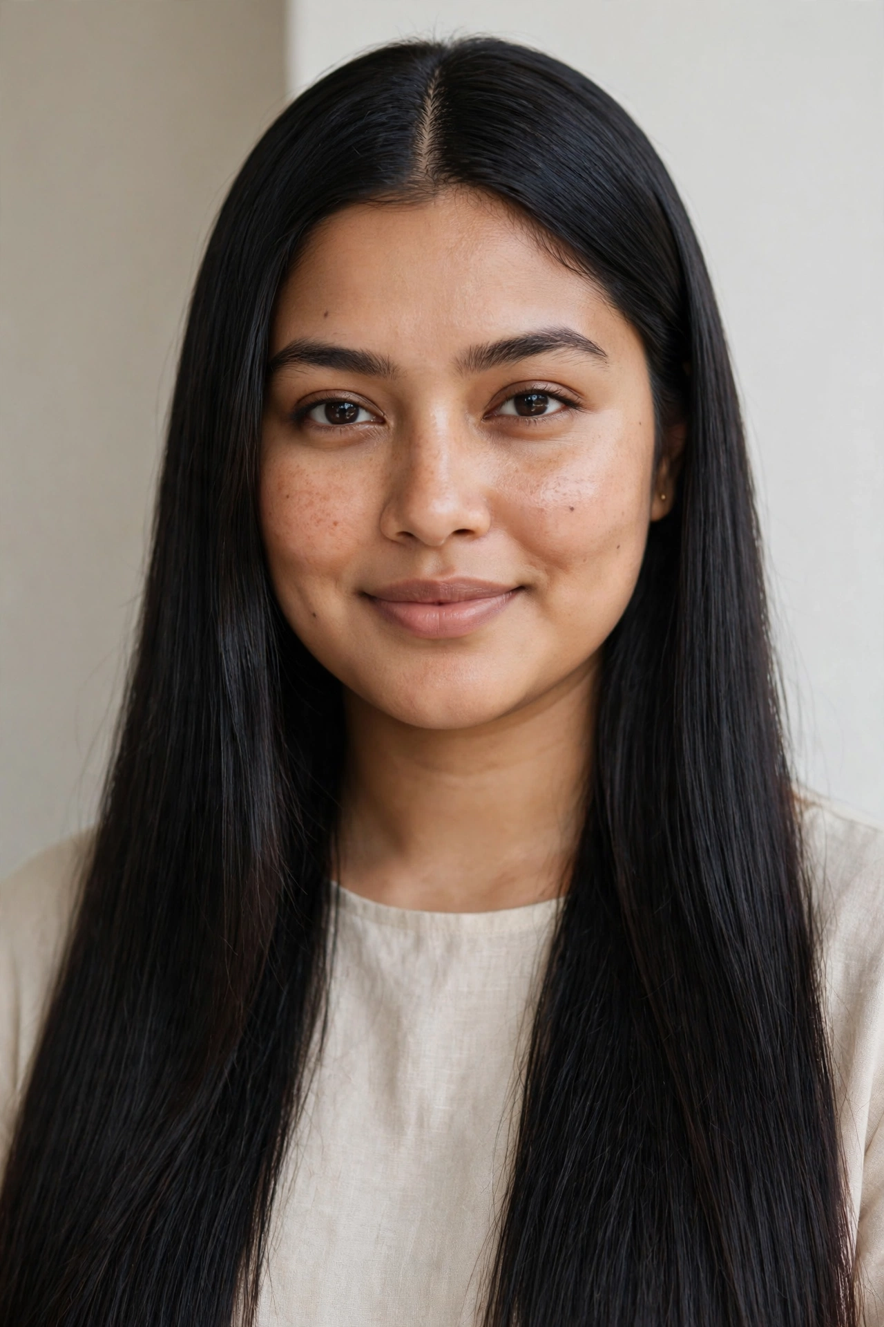South Asian woman with long straight middle-parted hair, a lengthening hairstyle for round faces