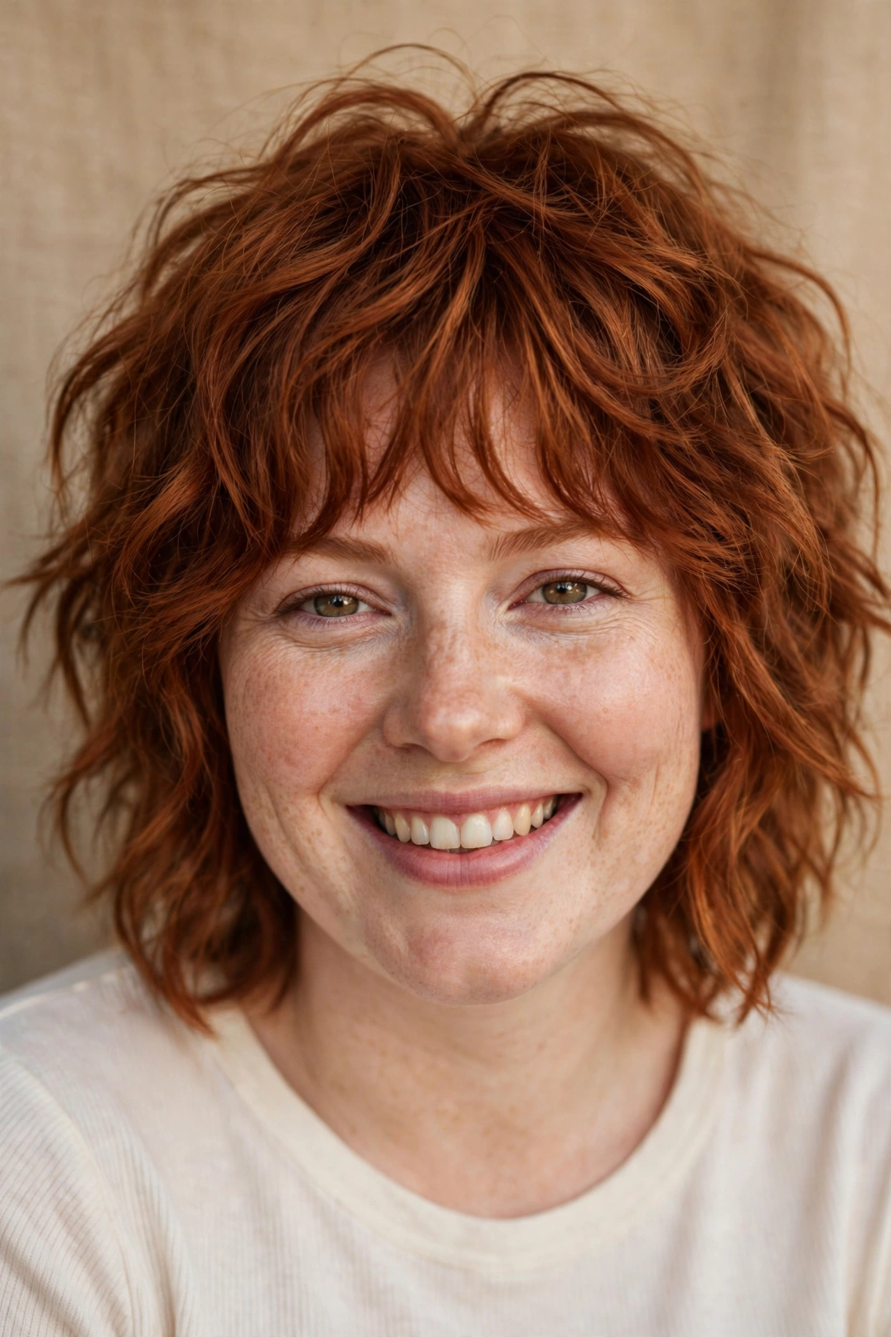 Redhead woman with a wavy shag haircut, a cool hairstyle for round faces