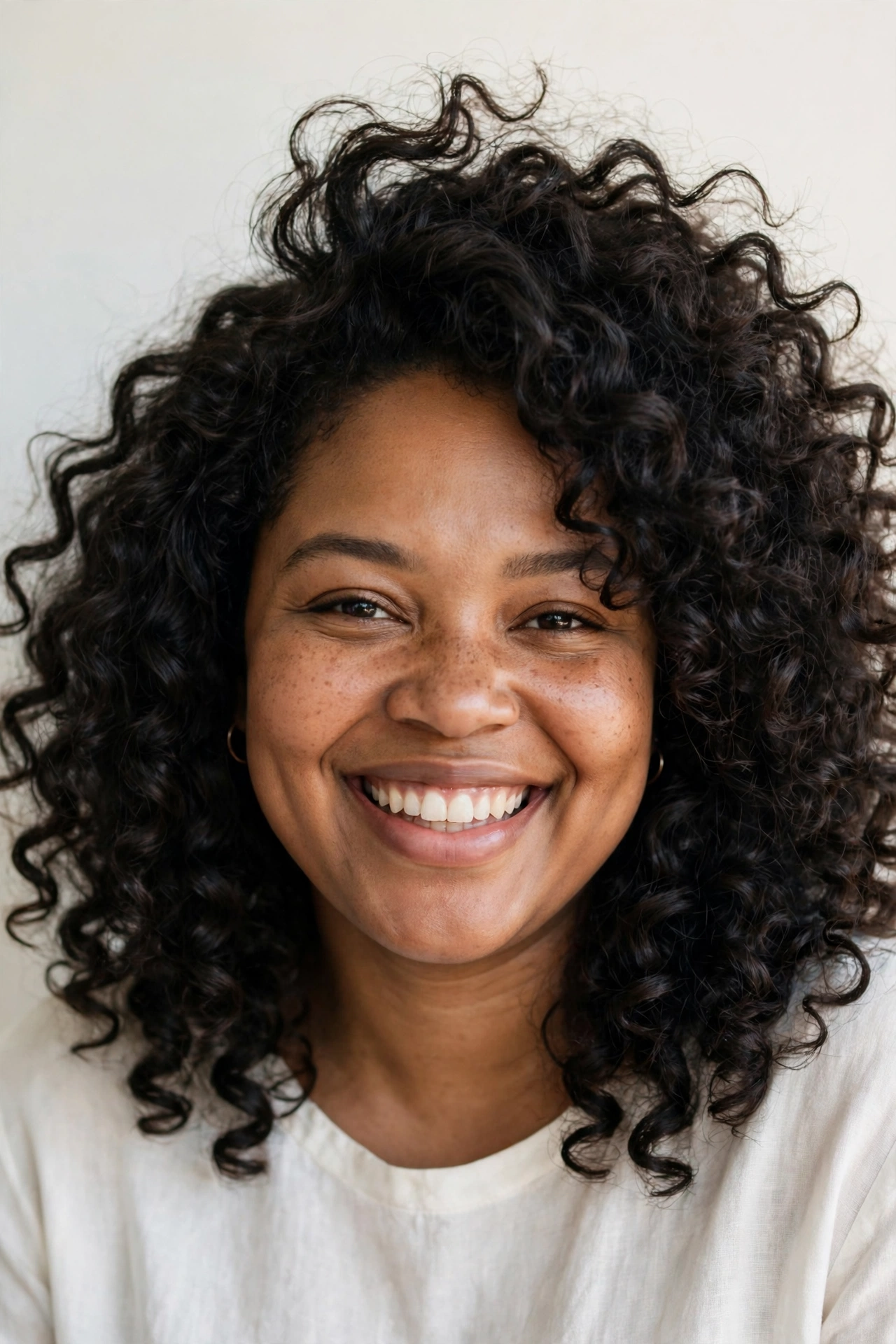 Black woman with voluminous shoulder-length curls, a gorgeous hairstyle for round faces