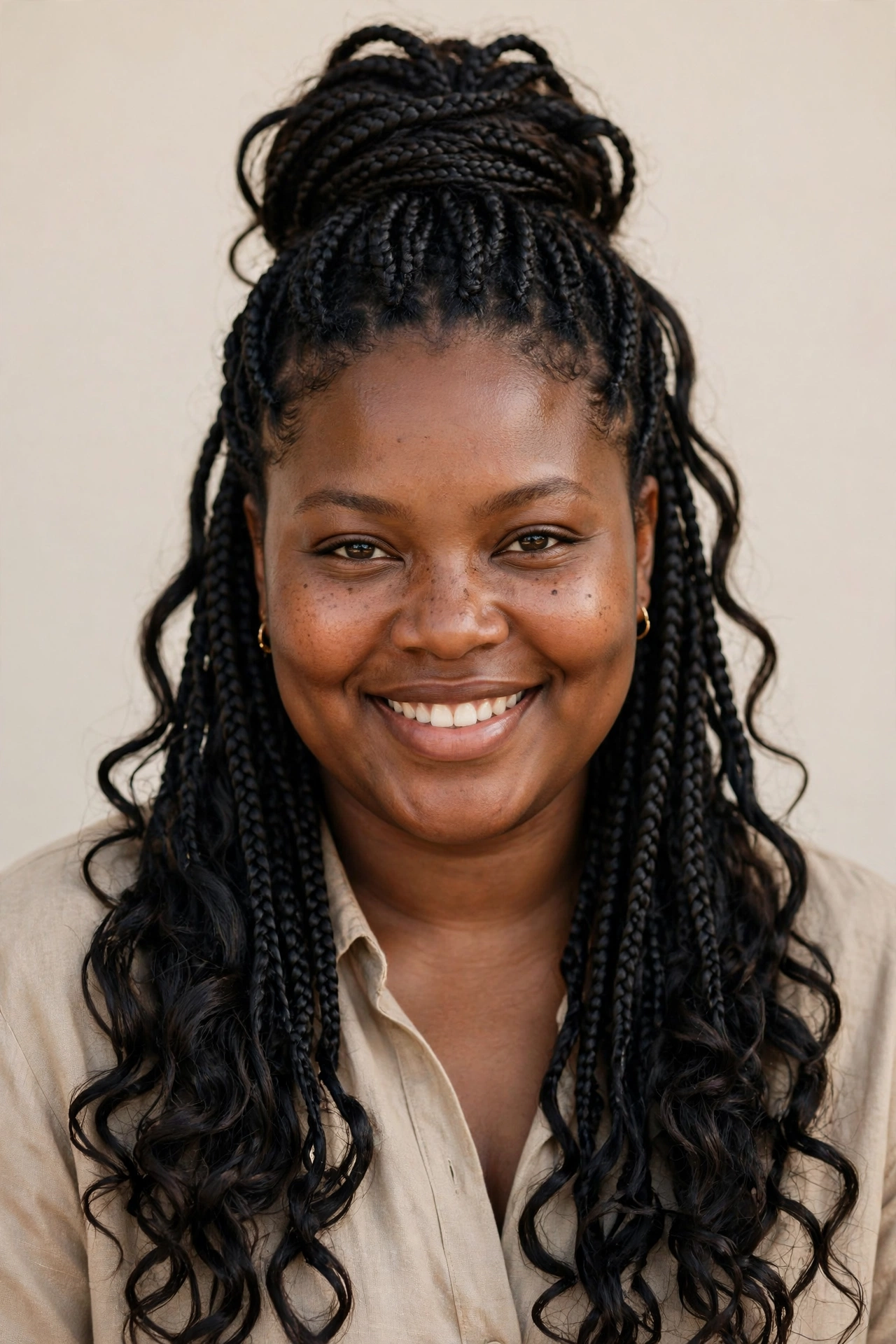 Black woman with long voluminous boho braids, a stunning hairstyle for round faces