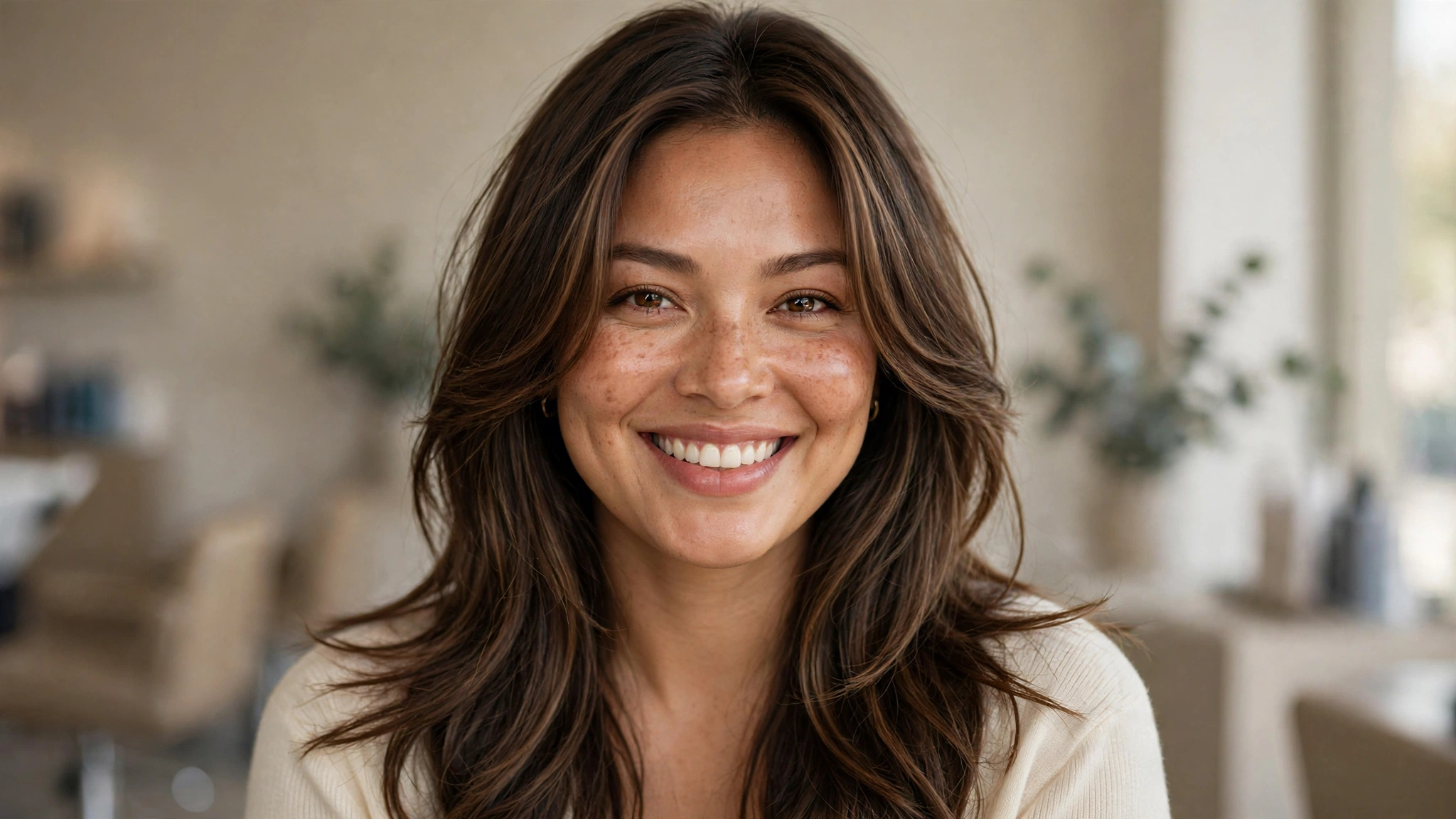 Woman with long layered hair, one of the most flattering hairstyles for round faces