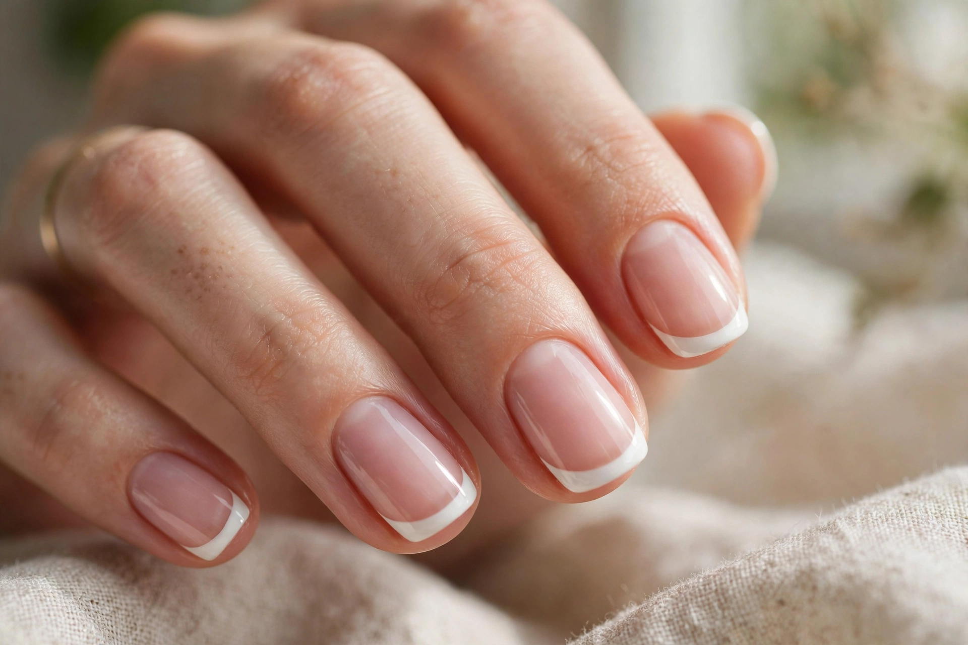 Classic white French tip nail designs on a sheer pink base