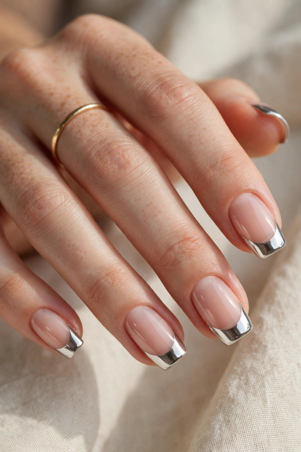 Chrome French tip nail designs with mirror-shine metallic tips